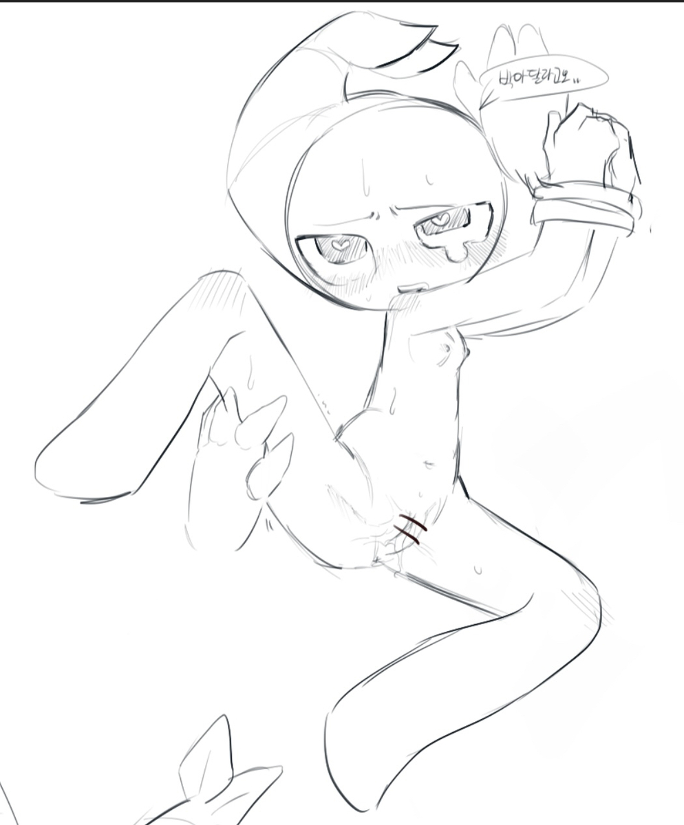 artist request, blush, breasts, budding breasts, censored, crying, cuntboy, cuntboy with breasts, dandy's world, goob (dandy's world), heart-shaped pupils, intersex, korean text, male, shrimpo (dandy's world), sweat, tagme, tied hands, yaoi