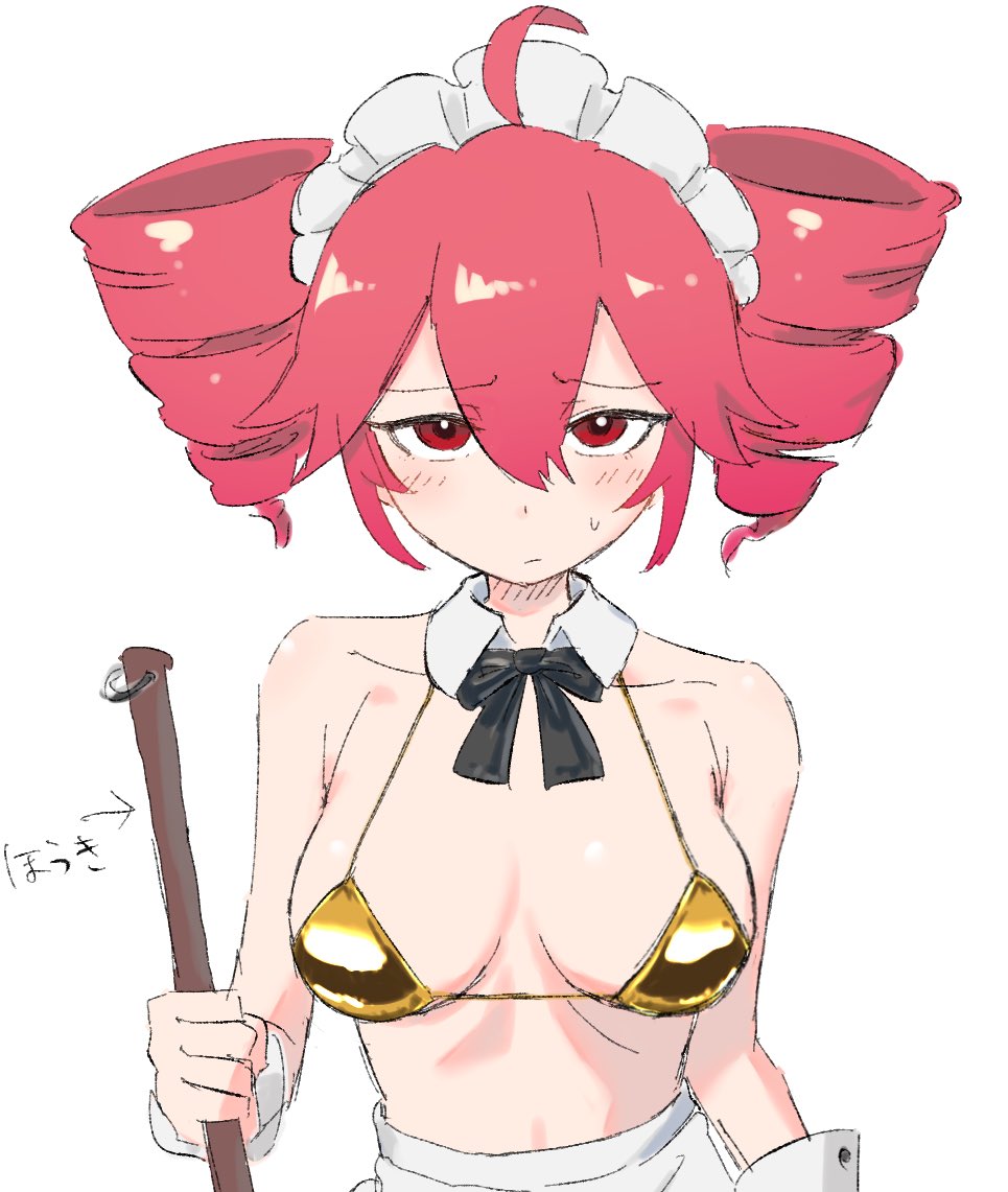 1girls, 2d, 2d (artwork), ahoge, big breasts, bikini, blush, breasts, detached collar, detached cuffs, embarrassed, embarrassed female, exposed midriff, female, female focus, gold bikini, golden bikini, golden week, kasane teto, large breasts, lycorisanguine, maid, maid headdress, midriff, red eyes, red hair, solo, solo female, twin drills, utau, white background