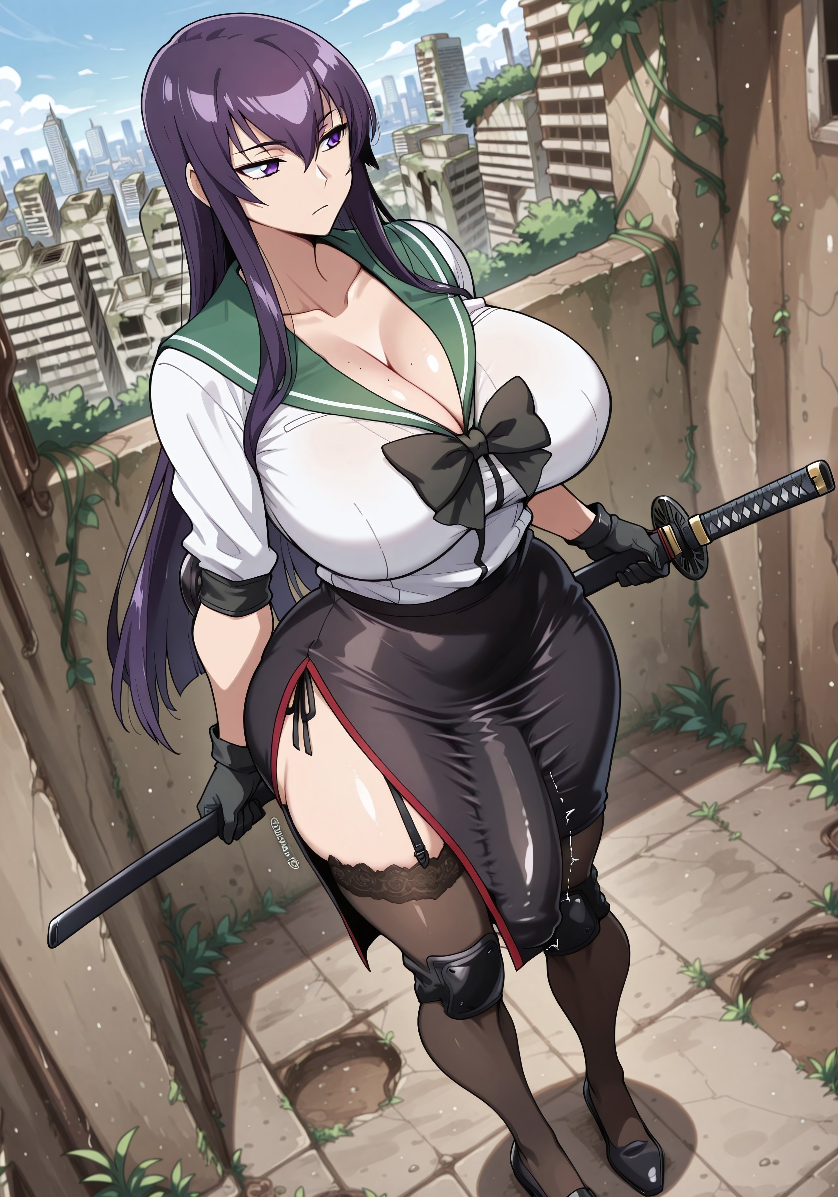 1futa, ai generated, breasts, bulge, bulge through clothing, civitai, cleavage, flaccid, futa only, futanari, hi res, highschool of the dead, holding weapon, hourglass figure, huge breasts, intersex, katana, large breasts, large penis, light skin, light-skinned futa, myth1c2, penis, penis outline, saeko busujima, school uniform, skirt, solo, stockings, wide hips