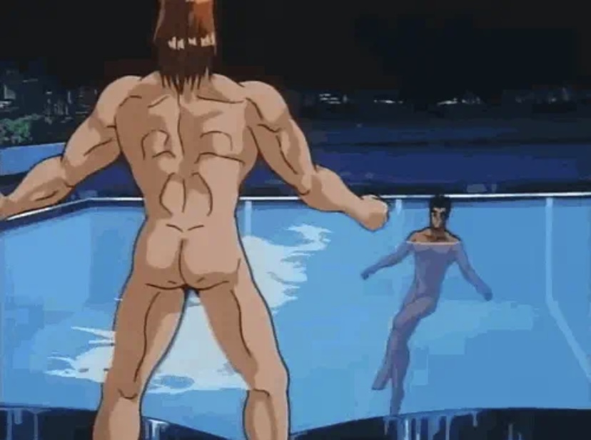 2boys ass ass canonical_scene exhibitionism ken_masters male male_only naked nude nudist pool ryu_(street_fighter) screenshot street_fighter