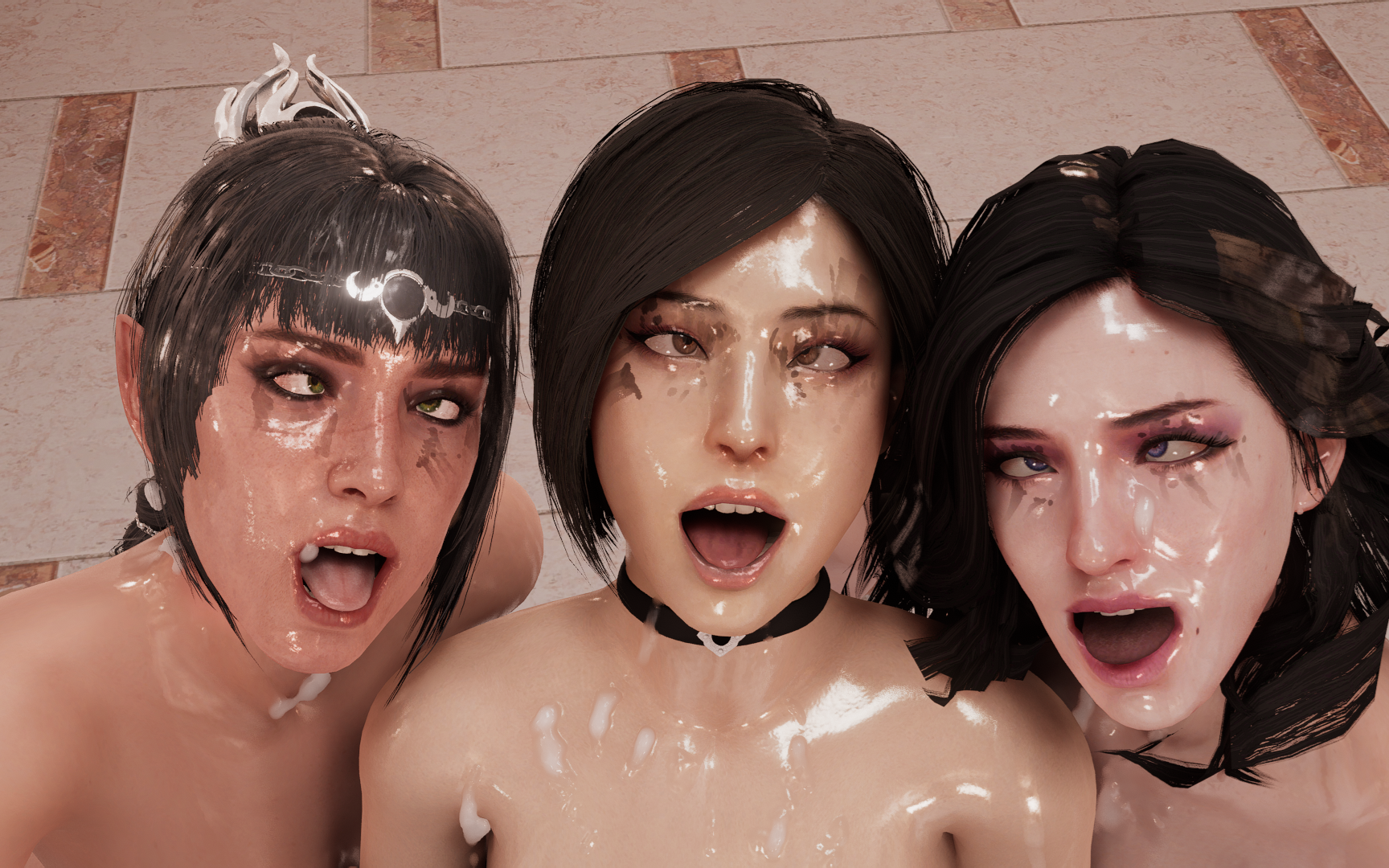 3d, 3girls, ada wong, ahe gao, baldur's gate 3, black hair, crossover, cum on face, cum on hair, eastern and western character, facial, female, female focus, female only, multiple females, multiple girls, resident evil, shadowheart, the witcher (series), yennefer