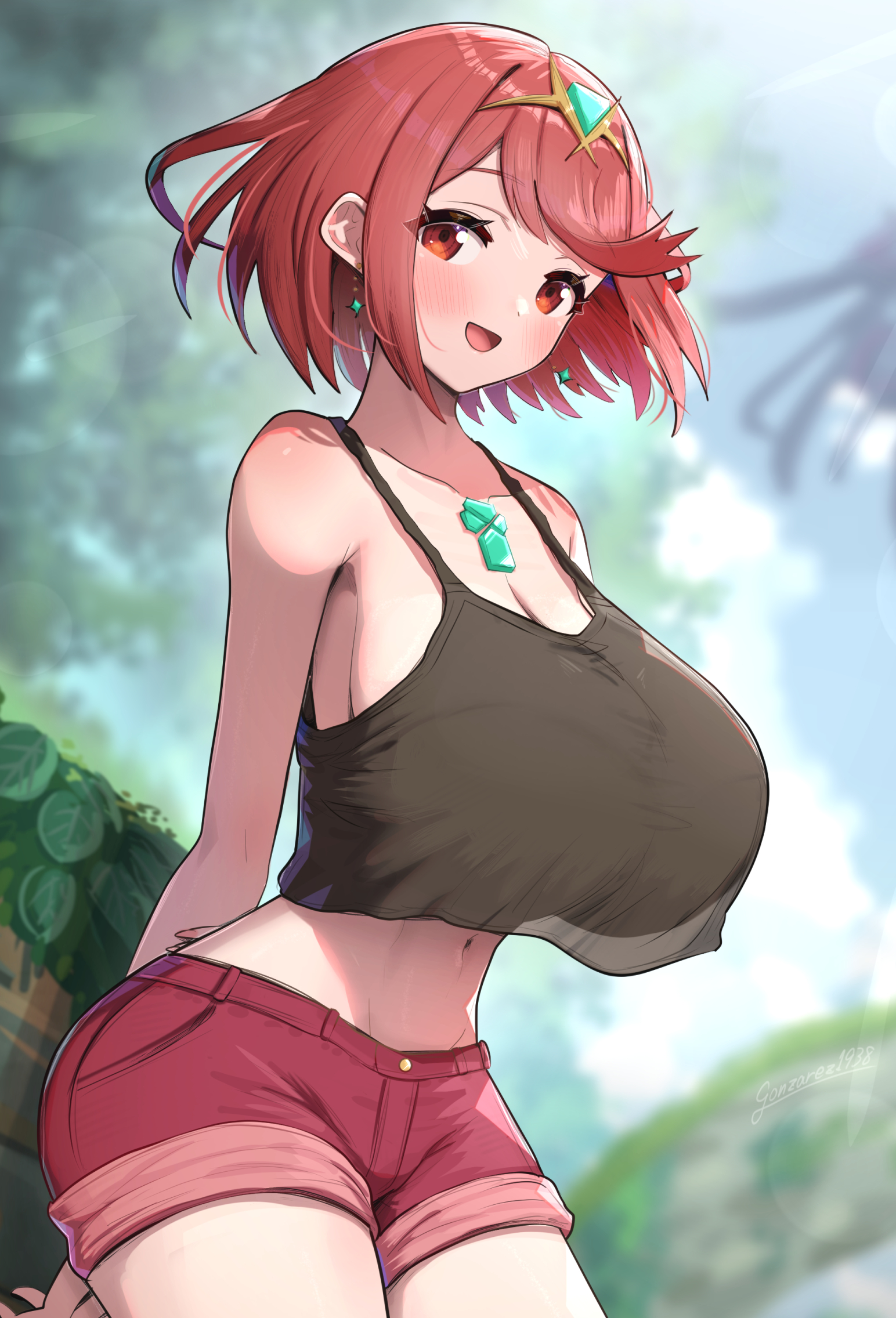 breasts, cleavage, crop top, crop top overhang, denim, denim shorts, female, gonzarez, highres, huge breasts, navel, open mouth, pyra, red eyes, red hair, short hair, short shorts, shorts, solo, xenoblade (series), xenoblade chronicles 2
