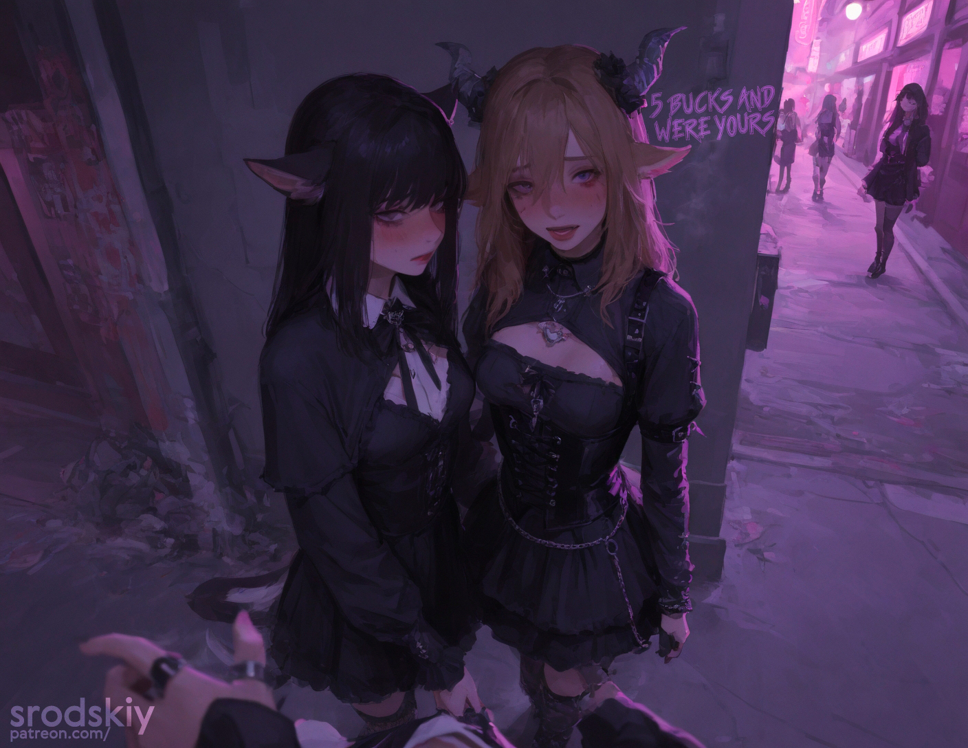 2girls, ai generated, anthro, bitch, choker, female, female focus, female only, goth, goth girl, gothic girl, makeup, mature female, monster girl, multiple females, multiple girls, night, original character, outdoors, pov, prostitute, prostitution, sexy, srodskiy, tagme, vulgar