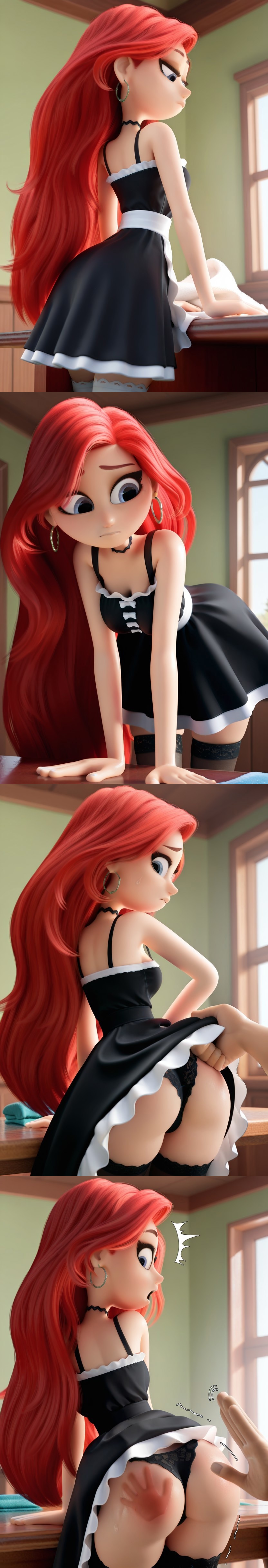 1boy, 1girls, 2025, 3d, ai generated, background, bent over, blue eyes, chelsea (ruby gillman), civitai, cleaning, cleaning tool, d3rmal, female, indoor, lifted, lifting skirt, long hair, looking at viewer, maid uniform, male, moaning, multiple images, naughty, open mouth, panties, red eyes, ruby gillman, teenage kraken, shocked, spank marks, spanked butt, spanking, table, tagme, trembling, window, worried