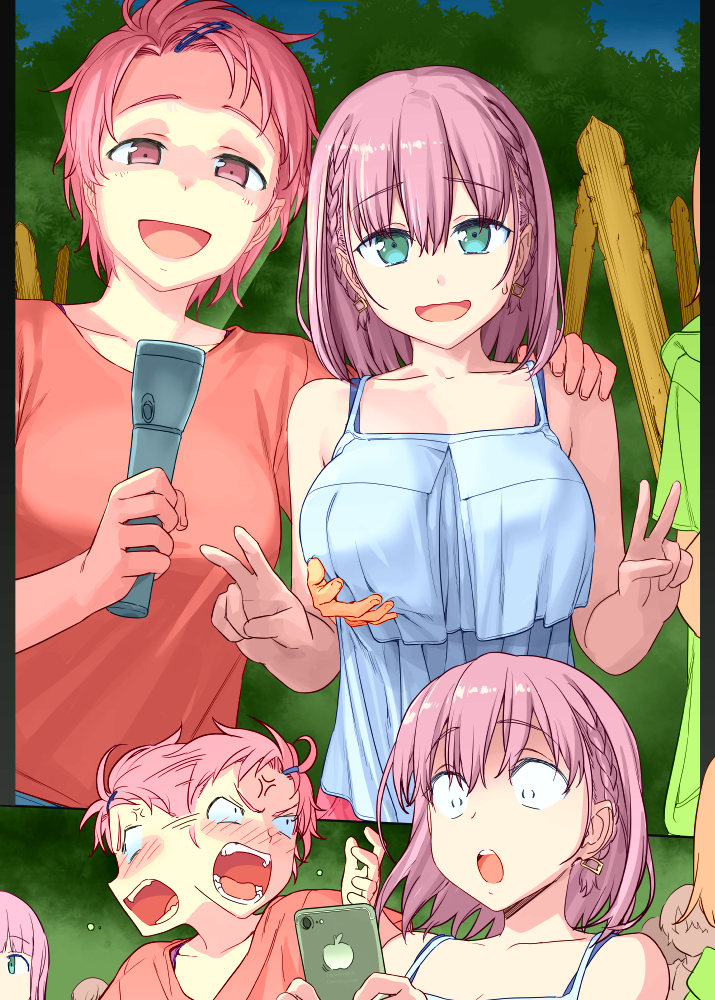 2girls ai-chan's_sister_(tawawa) ai-chan_(tawawa) breasts colorized disembodied_hand getsuyoubi_no_tawawa groping himura_kiseki large_breasts multiple_girls purple_hair scared volley-bu-chan_(tawawa)