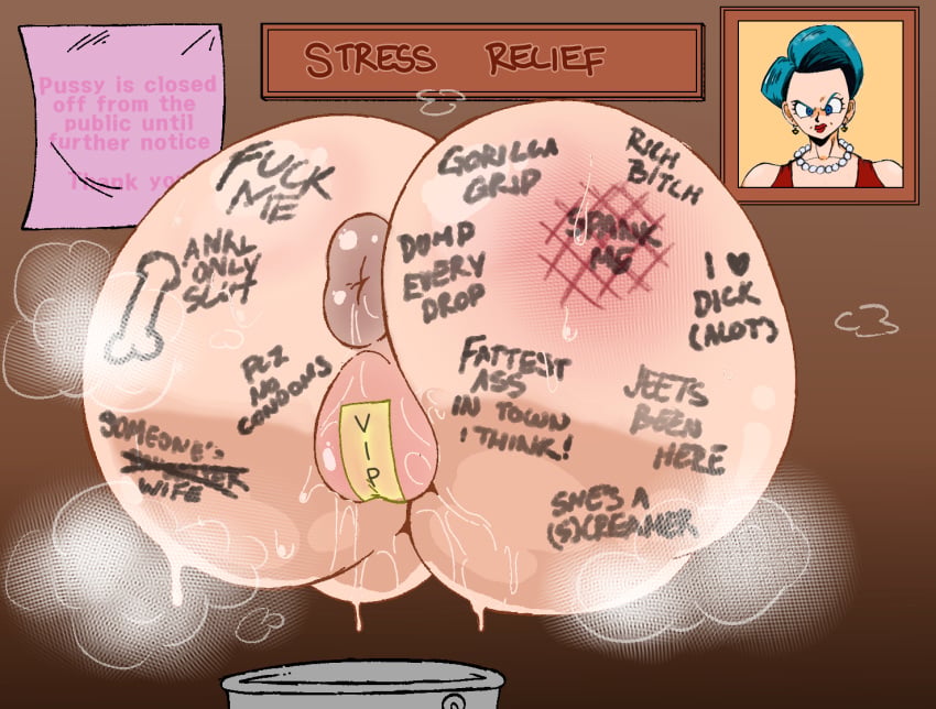 artist request, body writing, bulma (dragon ball), bulma briefs, bulma briefs (gt saga), dragon ball, dragon ball z, duplicate, female, glory hole, glory wall, pussy, pussy tape, stuck in wall, through wall