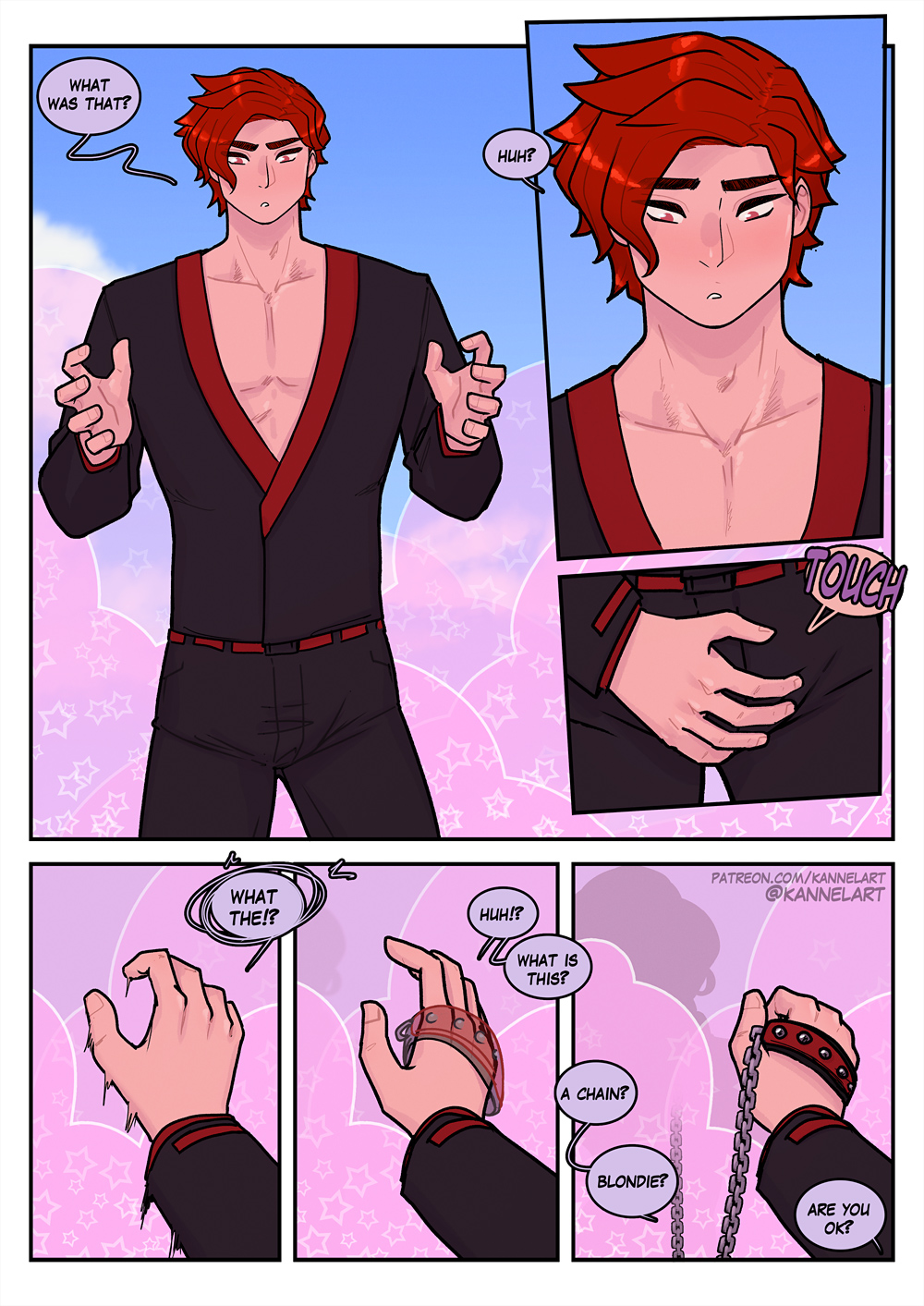 1boy, 1male, artist name, chain, chain leash, christmas, comic, dialogue, english, english text, ftm transformation, gender transformation, genderswap, genderswap (ftm), grabbing crotch, grabbing own penis, kannelart, leash, male, male only, muscular, muscular male, panels, patreon url, patreon username, penis, red eyes, red hair, solo, solo male, speech bubble, text, toned, toned body, toned male, transformation, web address