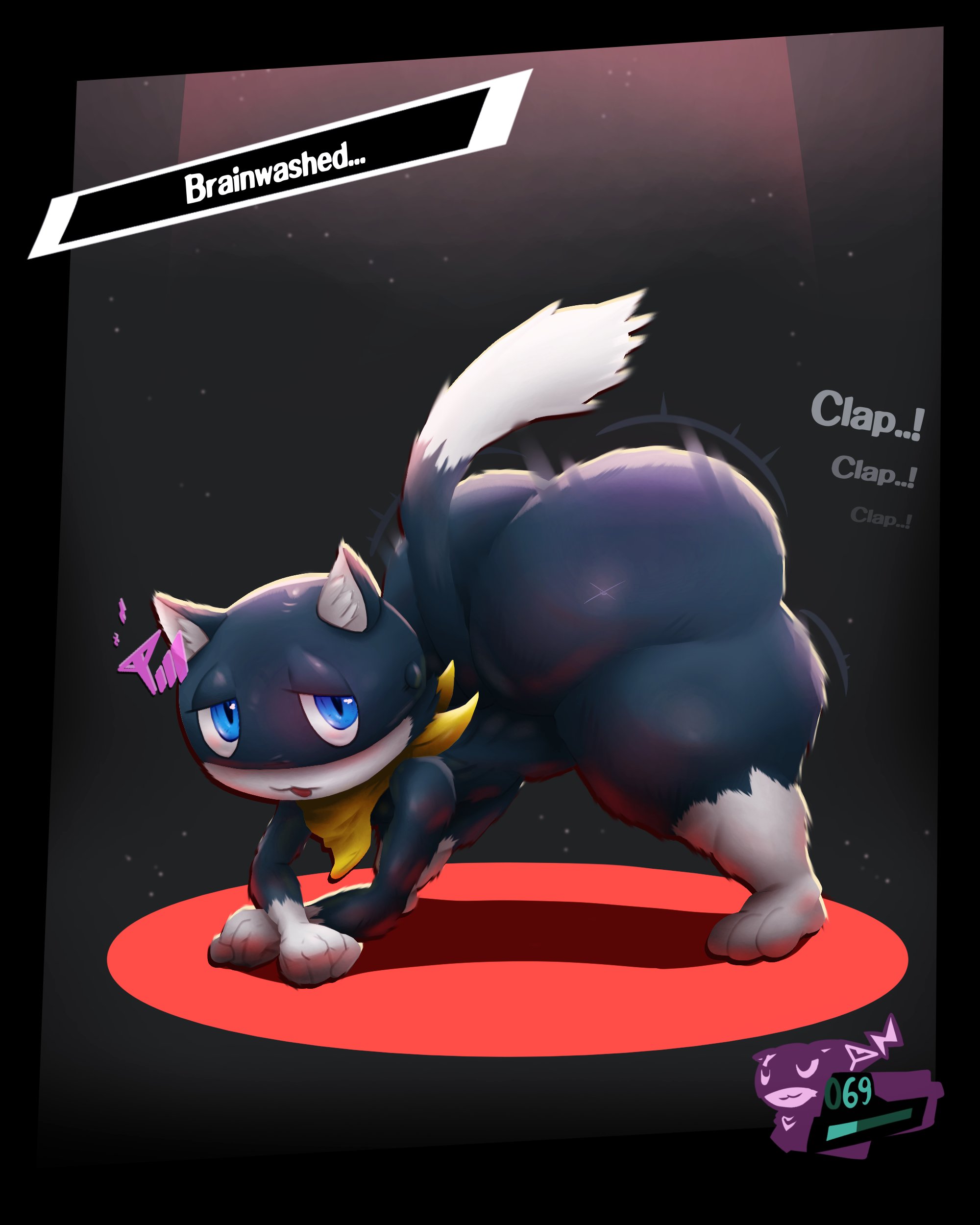 1boy, 2025, 2d, 2d (artwork), alternate ass size, alternate body type, anthro, anthro only, ass, ass clapping, atlus, big ass, big butt, blue eyes, brainwashing, english, english text, face down ass up, felid, feline, gameplay mechanics, high resolution, highres, male, male only, monana-yo1, morgana (persona), persona, persona 5, shin megami tensei, text, twerk hypnosis, twerking
