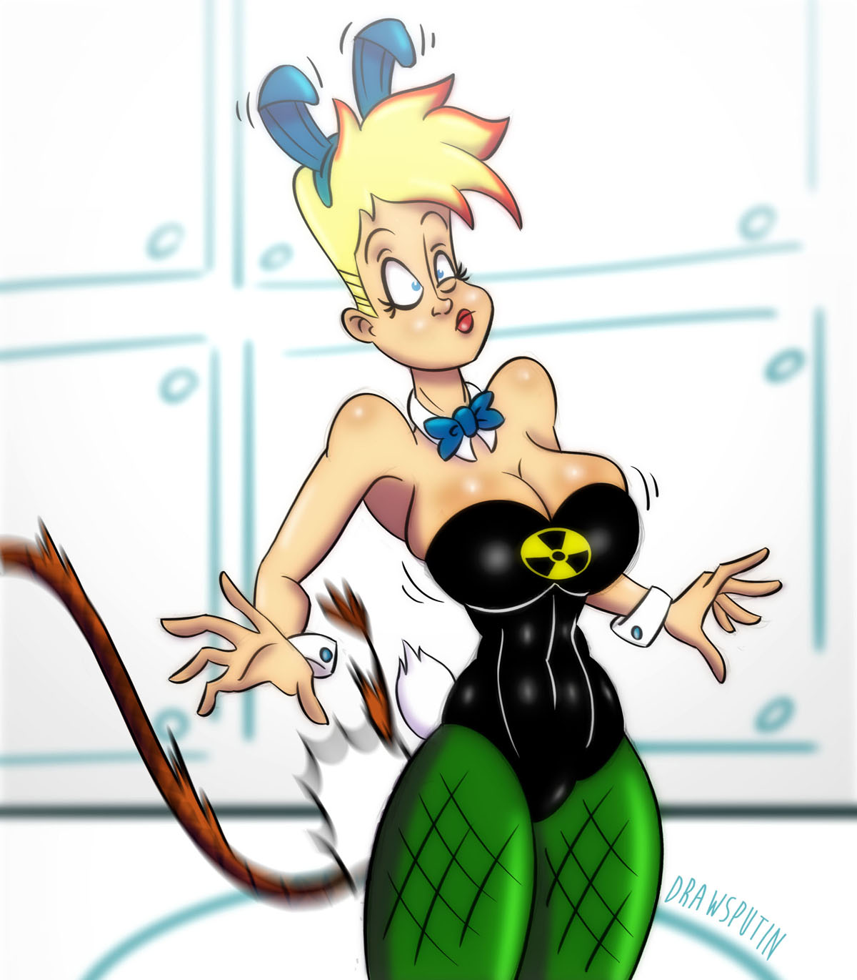 1girls, abs, bimbo, blonde, blonde hair, blue eyes, blush, bowtie, breasts, bunny ears, bunny girl, bunny tail, bunnysuit, busty, cameltoe, canon genderswap, cartoon network, cleavage, clothed, couple, detached collar, drawsputin, female, femsub, fishnet pantyhose, genderswap, hourglass figure, huge breasts, human, jenny test, johnny test, johnny test (series), navel, pussy, radiation symbol, red hair, red lips, rule 63, short hair, two-tone hair, voluptuous, whip, whipped, wide hips, wrist cuffs