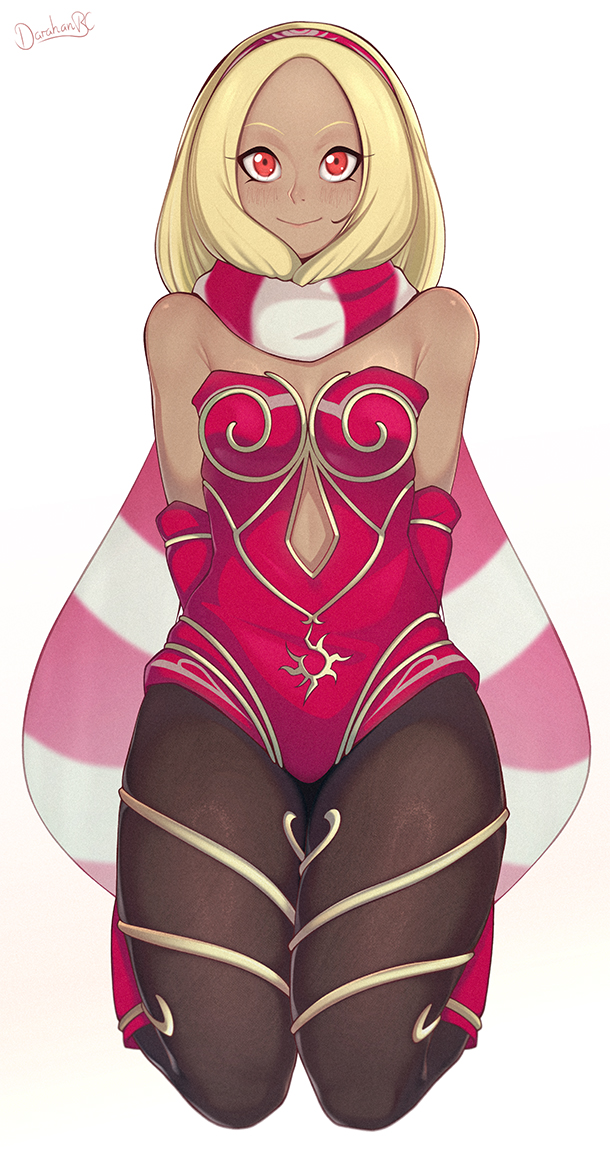 bare_shoulders blonde_female blonde_hair blush blush blush_lines darahan female female_focus female_only gold_(metal) gold_jewelry gravity_rush kat_(gravity_rush) kneeling looking_at_viewer navel_line smile smiling smiling_at_viewer tanned tanned_female tanned_skin thick_thighs thighs tights