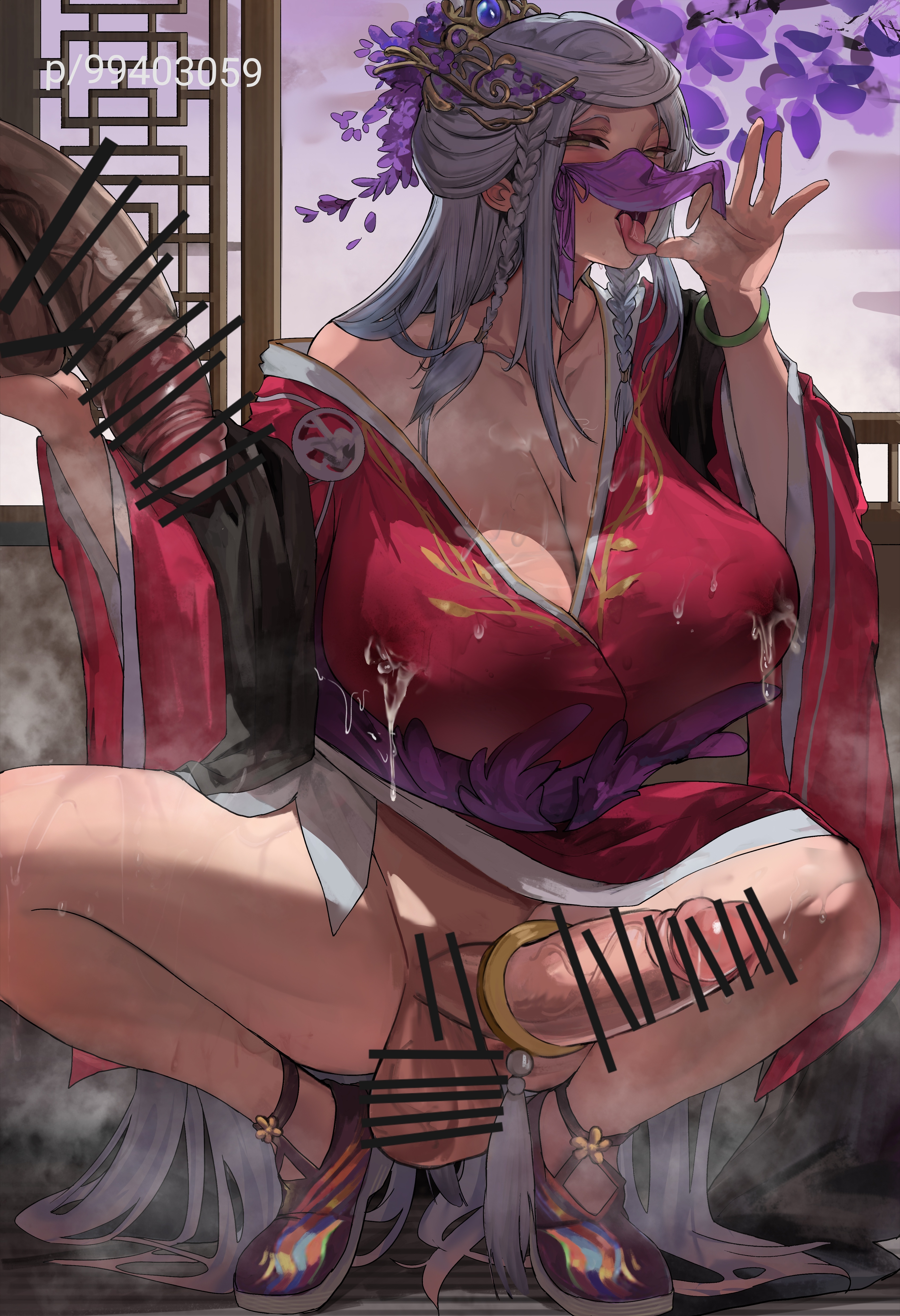 1futa, 1other, ambiguous gender, balls, big balls, big breasts, big penis, bottomless, breasts, censored, chinese clothes, cleavage, clothed, clothing, erection, fellatio gesture, futa focus, futanari, huang yueying, human, intersex, legends of the three kingdoms, light skin, light-skinned futa, male, male on futa, mostly clothed, no panties, penis, q (pixiv 99403059), romance of the three kingdoms, solo focus, squatting, veil
