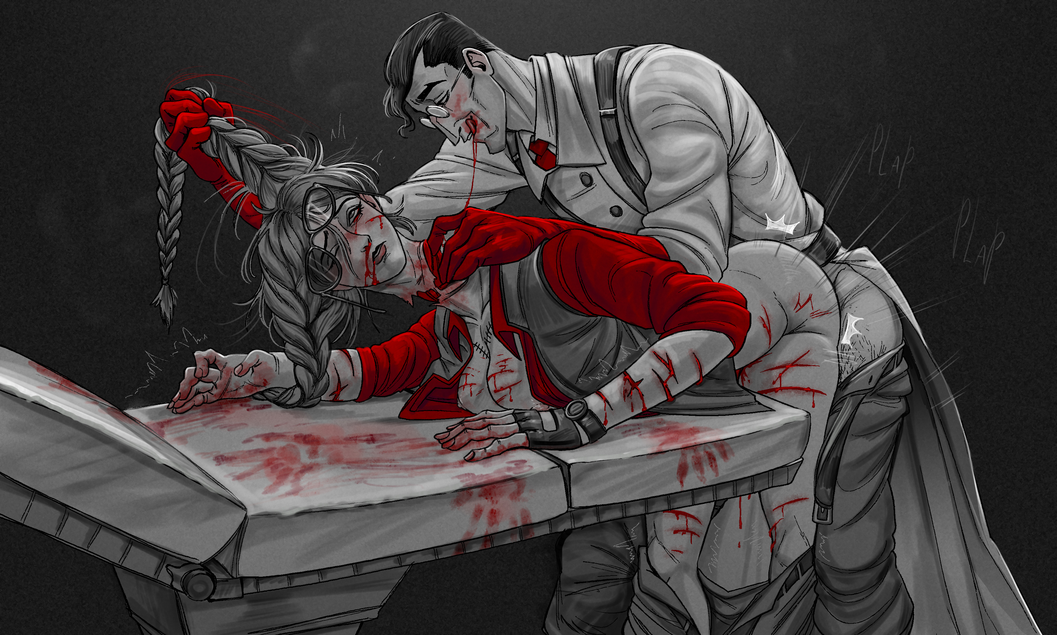 1boy, 1girls, ambiguous penetration, ass, bandaid, blood, blood stain, boalizard, braided hair, braided twintails, breasts, breasts out, clothed, clothed sex, distressed, fan character, female, femsniper, fucked from behind, fucked senseless, glasses, gore, guro, hat, male, maledom, medic (team fortress 2), monochrome, nipples, nonconsensual, operating table, pulling hair, pussy, raped, raped female, red gloves, rule 63, saliva, saliva on mouth, saliva string, scars, scars all over, sliced, sniper (team fortress 2), straight, struggling, table, tagme, team fortress 2, tf2, thread, torture, tortured, twitching, vaginal penetration, valve