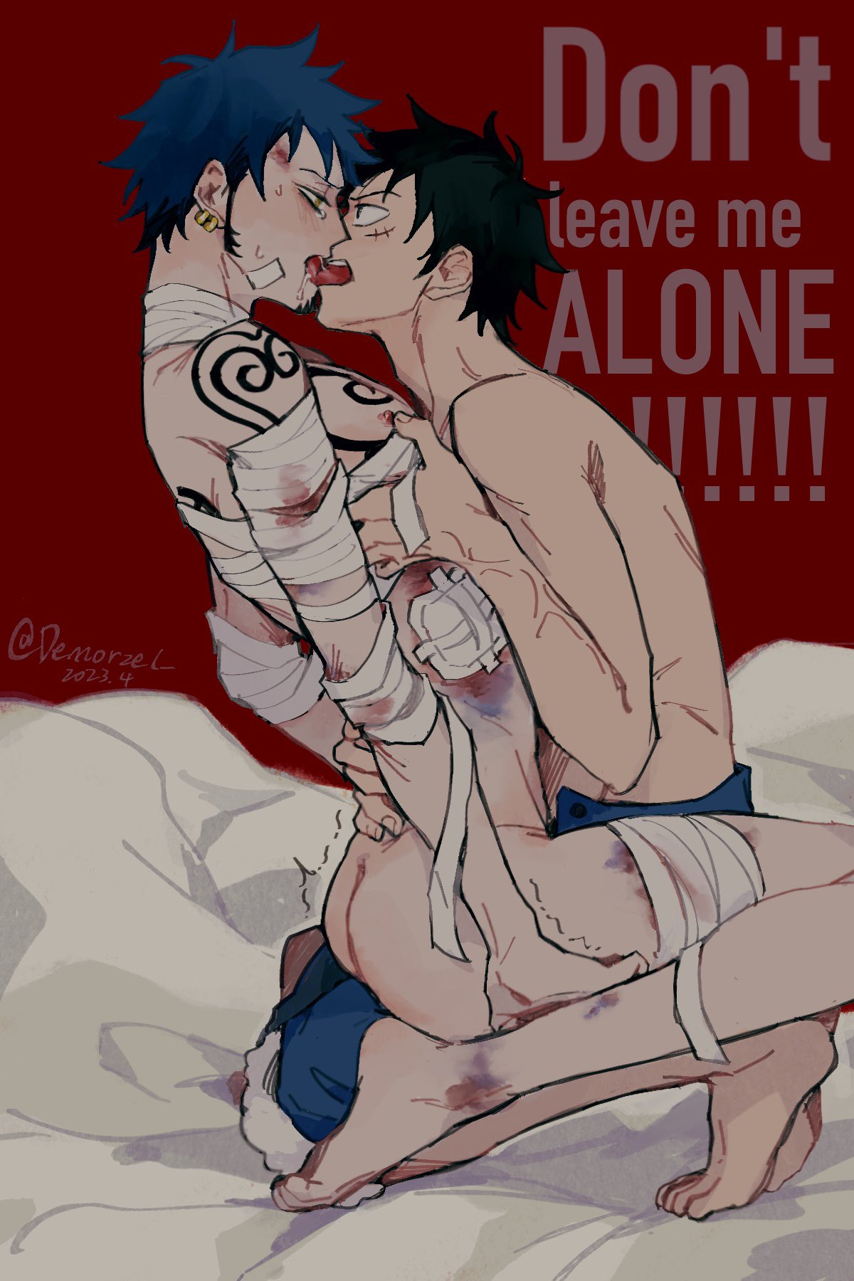 2boys bandages black_hair blood blush bruised chest_tattoo demorzel english_text eye_contact french_kiss gay implied_sex injury kissing looking_at_another male male_only monkey_d_luffy one_piece profile red_background sweat tattoo tattoos tongue_out topless_male trafalgar_law waist_grab yaoi