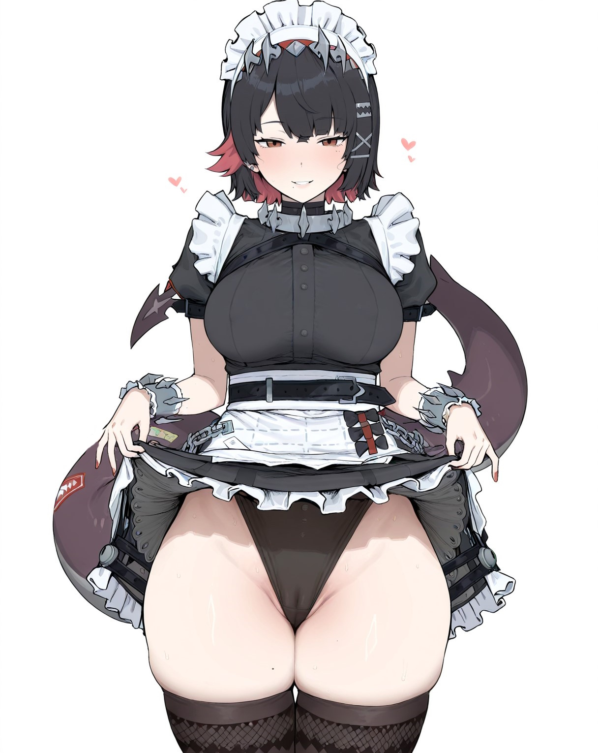 ai generated, big breasts, breasts, cameltoe, ellen joe, female, heart, highleg, maid, maid headdress, maid uniform, panties, pussy, shark tail, short hair, skirt, skirt lift, skirt pull, tail, thick thighs, thighhighs, thighs, wide hips, zenless zone zero