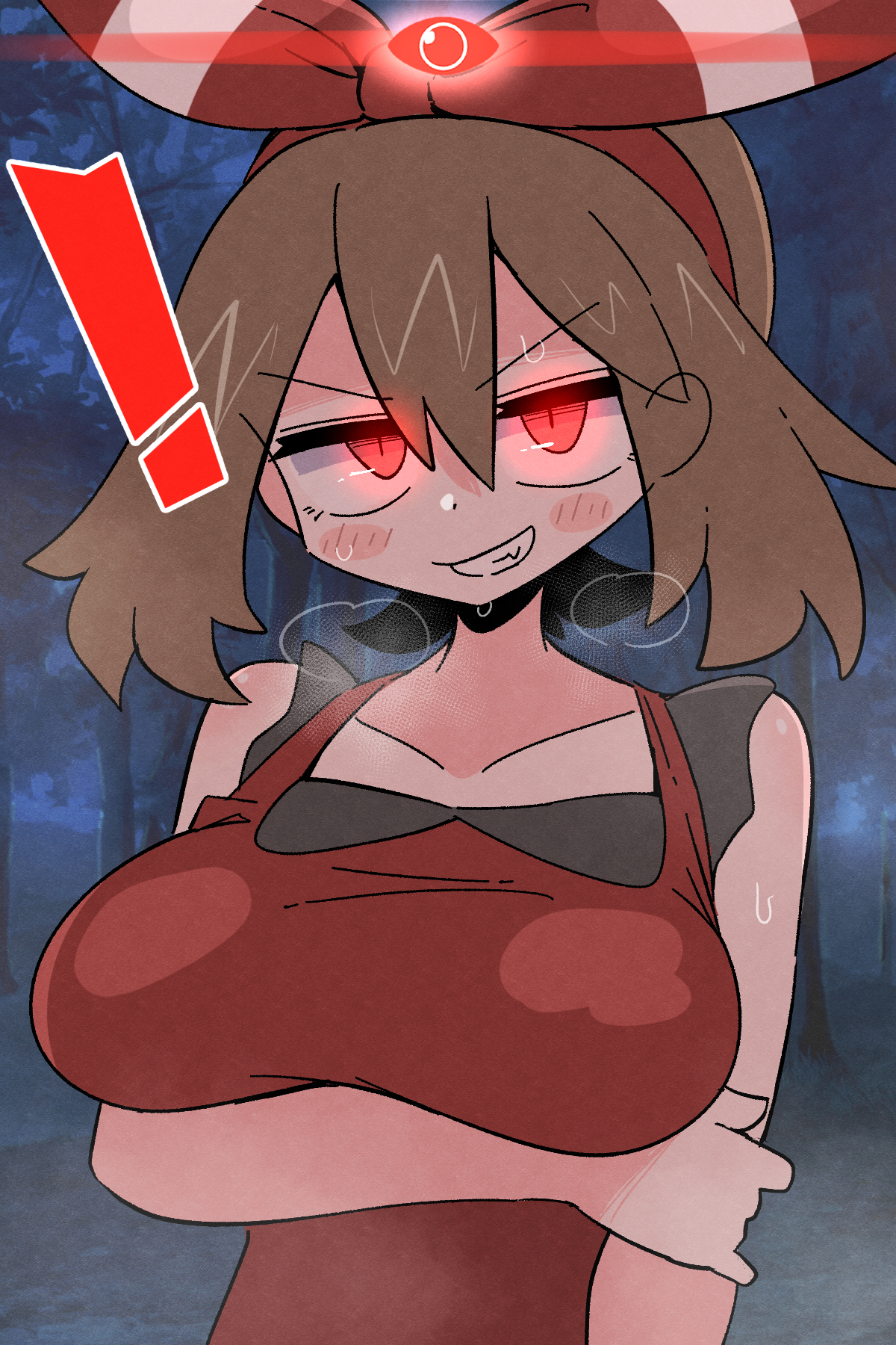 !, 1girls, alpha pokegirl, alpha pokemon, blush, bow, breasts, brown hair, female, game freak, hairbow, kurachi mizuki, large breasts, looking at viewer, may (pokemon), nintendo, pokemon, pokemon rse, red eyes, short hair, sleeveless, solo, solo female, solo focus, sweat