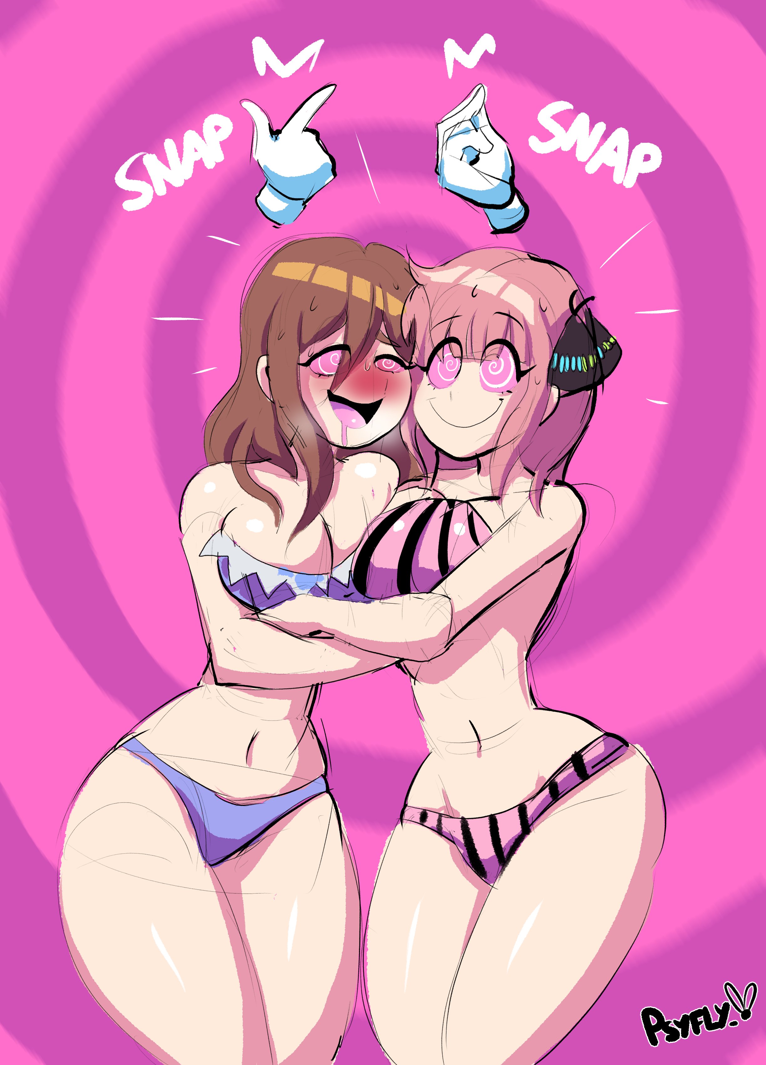 big breasts, bikini, breasts, female, femsub, go-toubun no hanayome, horny, hypnosis, looking at viewer, love, mind control, nakano miku, nakano nino, psyfly, smile, spiral eyes