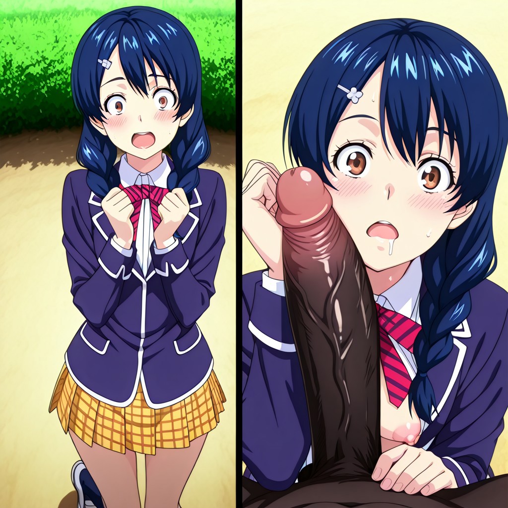 ai generated, akaz123, big penis, blue hair, breasts, brown eyes, dark blue hair, dark penis, dark skin, dark-skinned male, drooling, female, forearm cock, fully clothed, horny female, imminent oral, imminent sex, interracial, male, penis, penis awe, pov, school uniform, schoolgirl, shocked expression, shokugeki no souma, small breasts, surprised, surprised expression, tadokoro megumi