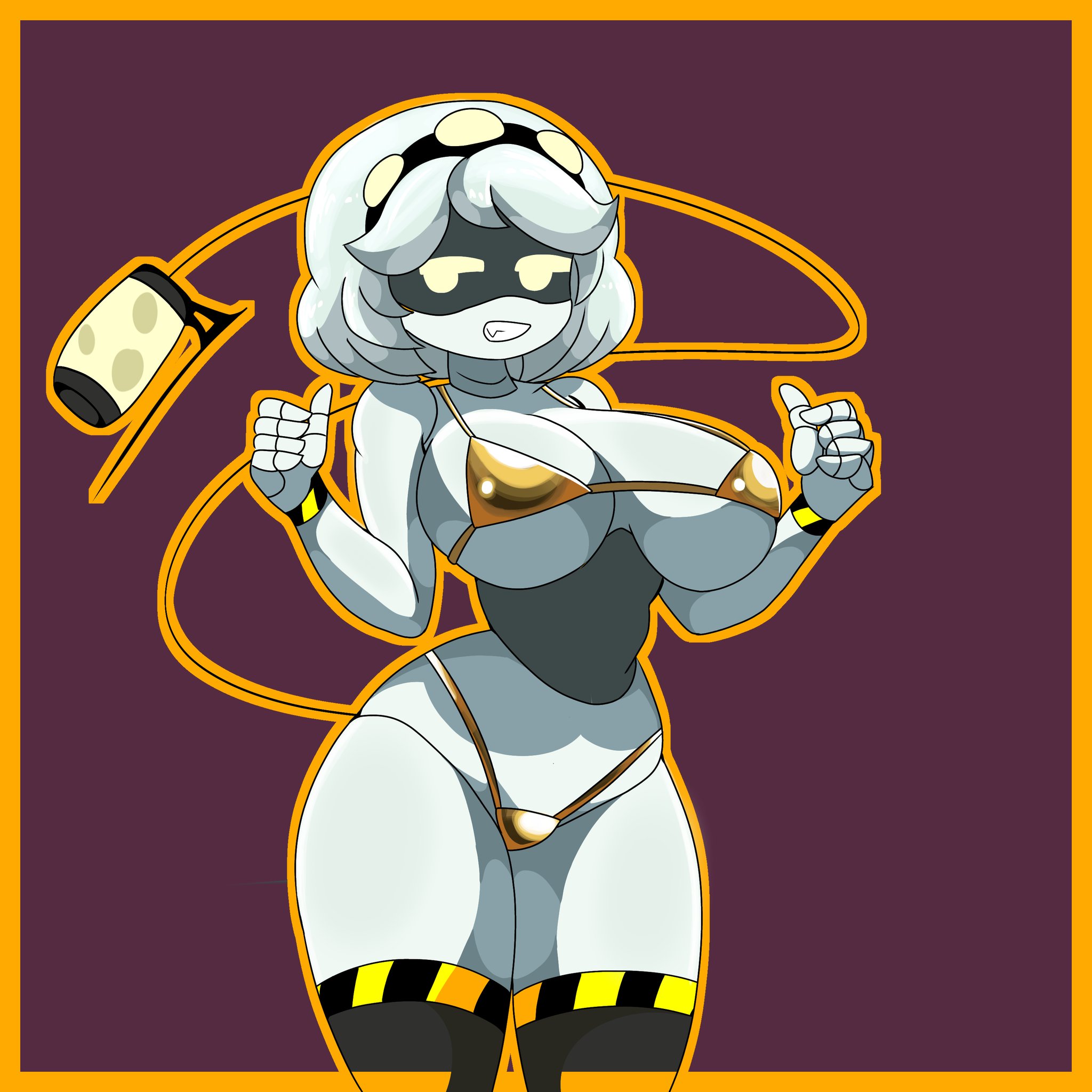 1girls, big breasts, bikini, breasts, curvy, curvy female, curvy figure, female, female only, glitch productions, golden bikini, hips, murder drones, peak, robot, robot girl, robot humanoid, silver hair, smiling, solo, solo female, tannicfer, thick thighs, thin clothing, thumbs up, v (murder drones), yellow eyes
