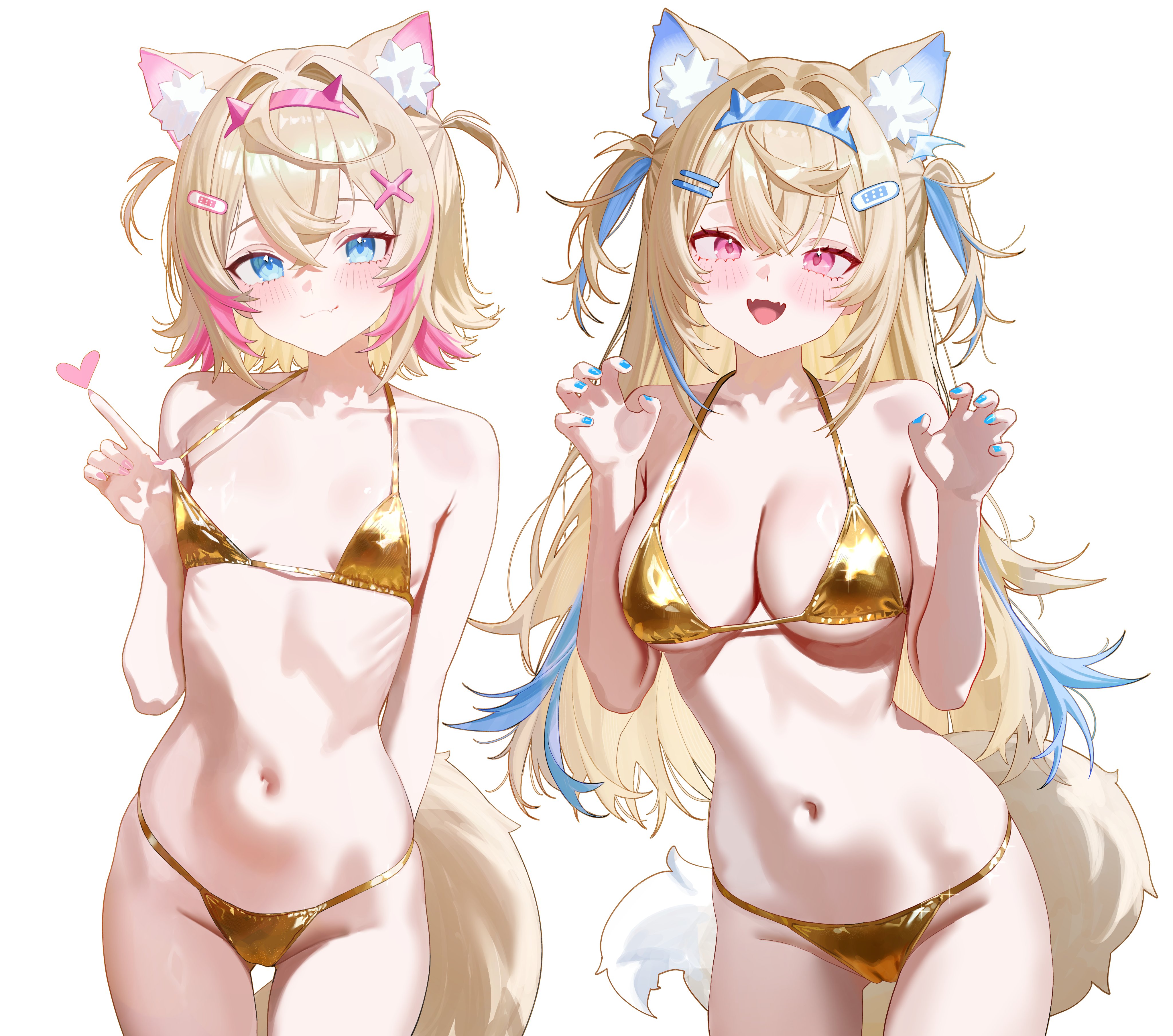 2girls, anska, bikini, blonde hair, blue eyes, blue hair, blue nails, blush, breast size difference, breasts, dog ears, dog girl, dog tail, fangs, female, female only, fuwamoco, fuwawa abyssgard, golden week, hairband, hairclip, heart, hololive, hololive english, hololive english -advent-, large breasts, long hair, mococo abyssgard, nail polish, pink eyes, pink hair, pink nails, short hair, sisters, small breasts, tail, two-tone hair, virtual youtuber, yellow bikini