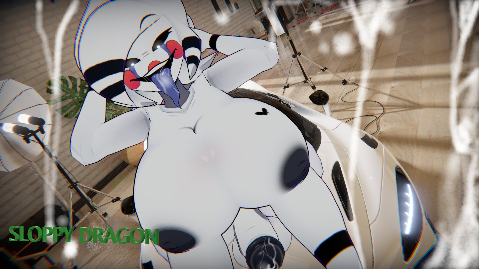 1futa, 3d, areolae, arms behind head, arms up, ass, big ass, black eyes, black sclera, breasts, car, completely nude, cum, cum on camera, five nights at freddy's, fnaf, fredina's nightclub, futa only, futanari, hands behind head, heart, heart symbol, huge breasts, intersex, looking at viewer, marie (cally3d), marie (cryptia), marionette (fnaf), nipples, nude, nude futa, penis, puppet (fnaf), sloppydragons, solo, tongue, tongue out, vrchat, white body, wide hips