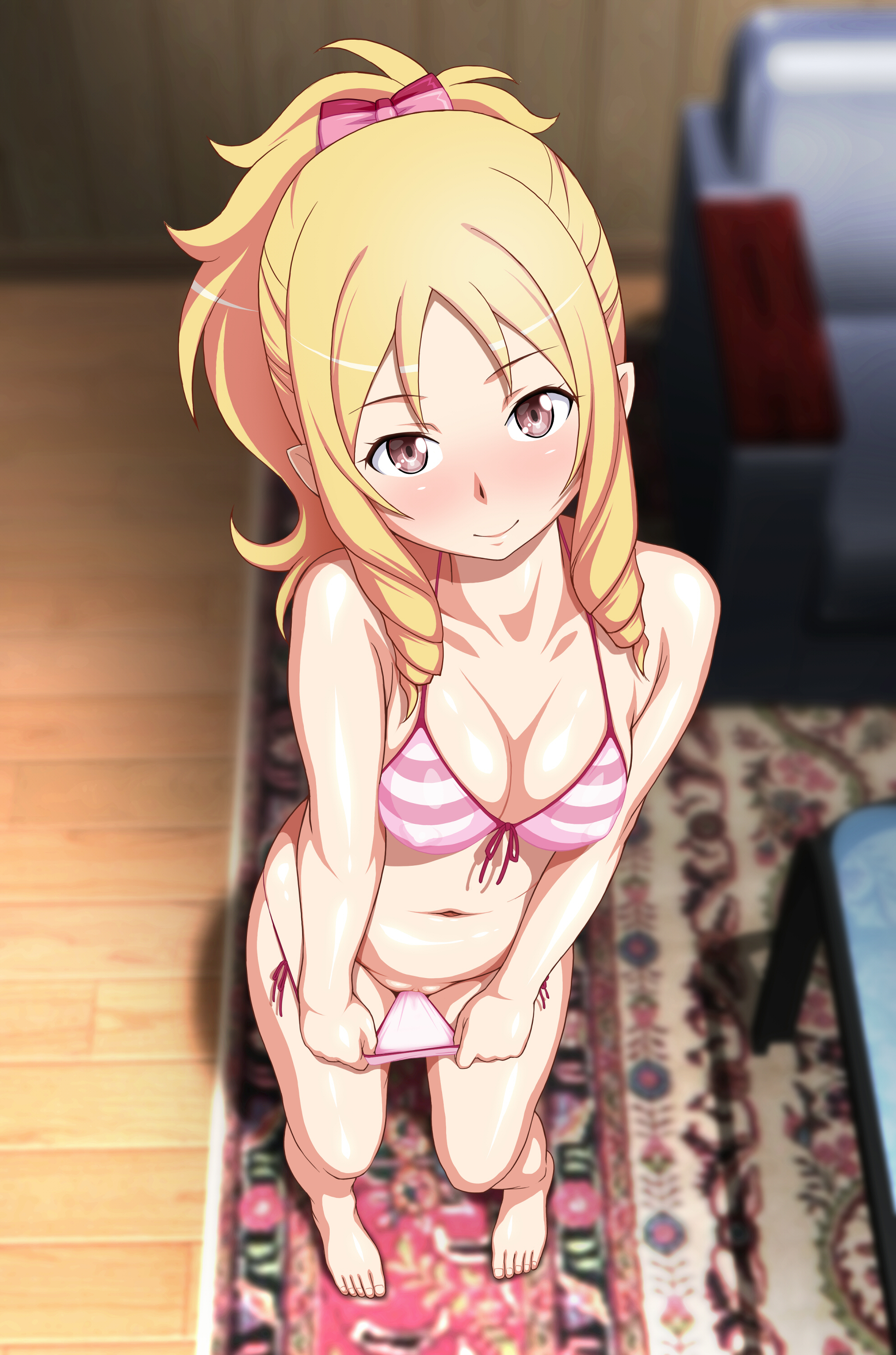 bare arms, bare legs, barefoot, blonde hair, blush, bow, breasts, chair, clitoris, closed mouth, collarbone, drill hair, eromanga sensei, feet, female, floor, from above, front-tie bikini, full body, green eyes, hairbow, indoors, looking at viewer, navel, ponytail, pussy, rug, shadow, side-tie bikini, solo, standing, striped, striped bikini, swimsuit, toes, twin drills, wooden floor, yamada elf, yanagi hirohiko