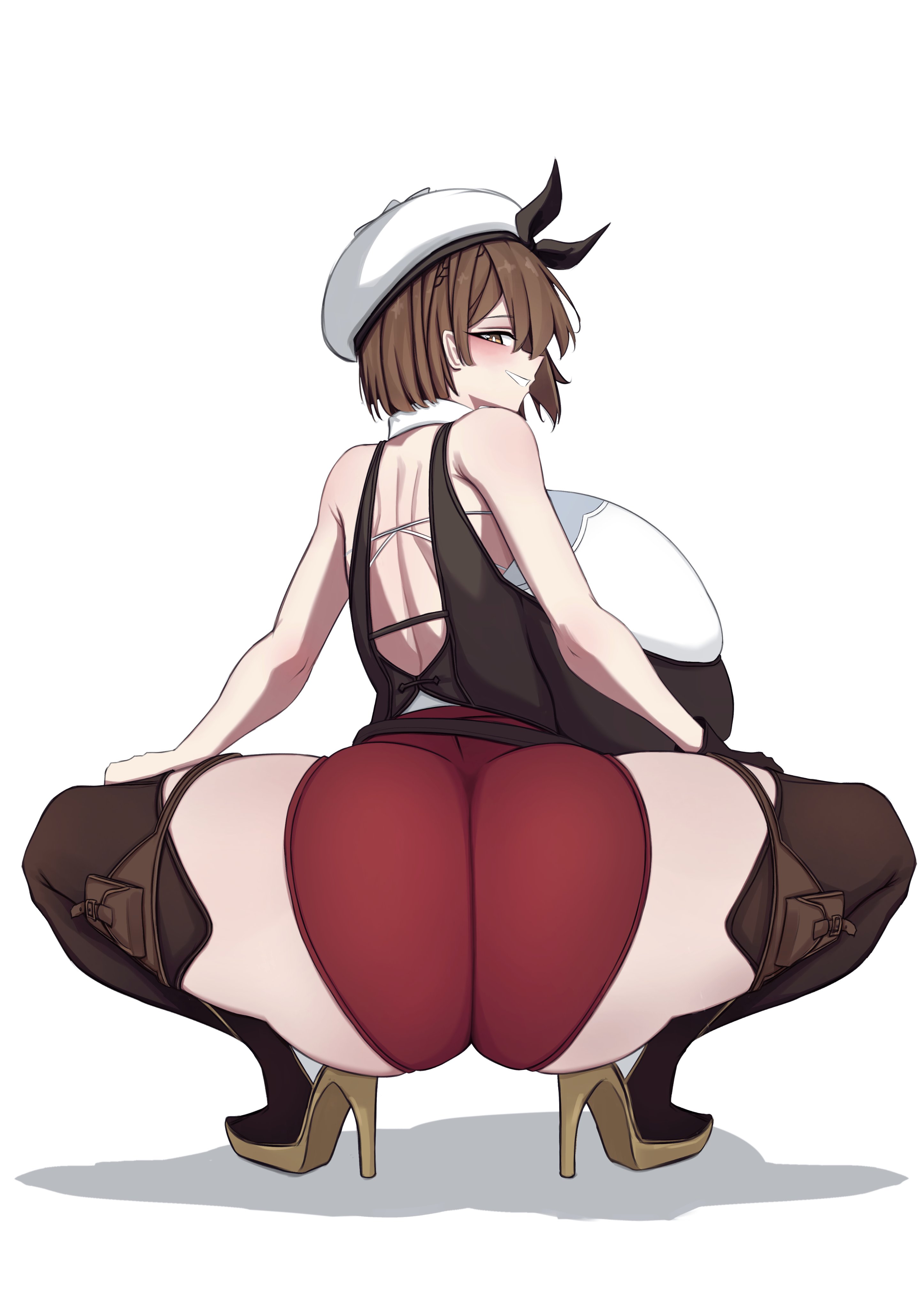 1girls, ass, atelier (series), atelier ryza, big ass, big breasts, blush, breasts, broly culo, brown eyes, brown hair, female, female only, from behind, gloves, hat, high heels, huge ass, huge breasts, k dhen, large breasts, looking at viewer, looking back, red shorts, reisalin stout, short hair, short shorts, shorts, solo, squatting, tagme, thigh boots, thighhighs, thighs