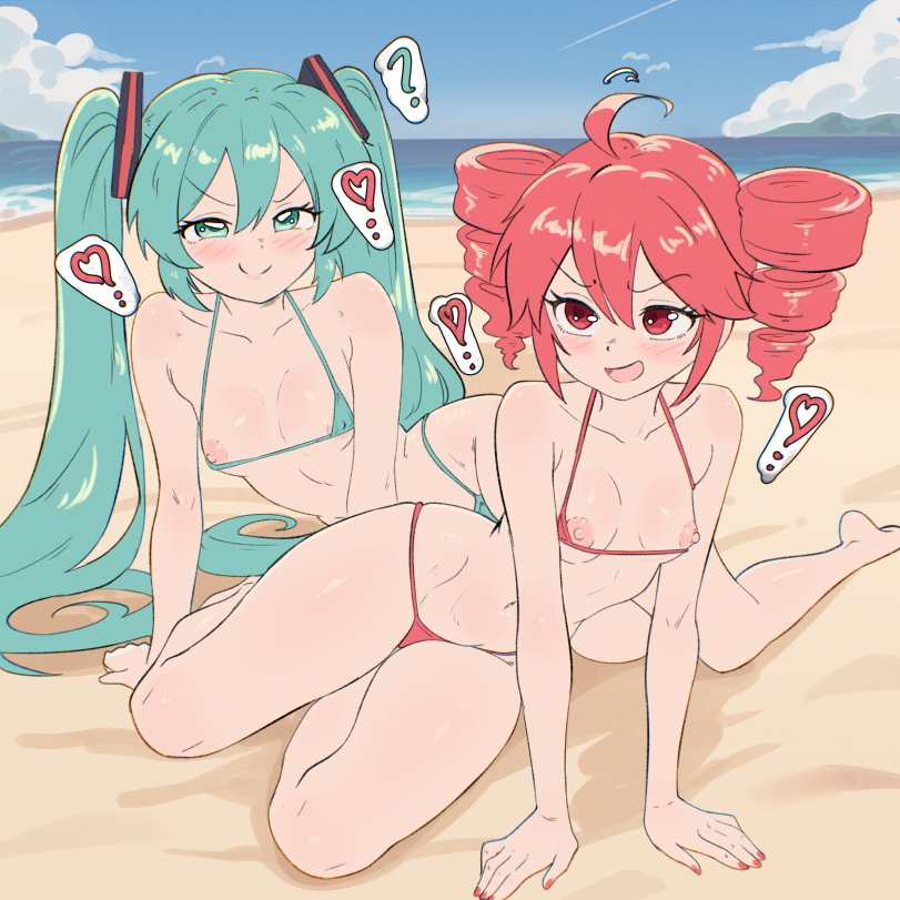 2d 2d_(artwork) 2girls ahoge ai_assisted ai_generated areolae beach bikini blue_eyes blue_hair blush blush_lines breasts breasts_out curvy curvy_female female female_only hair_ornament hatsune_miku kasane_teto looking_at_viewer micro_bikini nail_polish navel nipple_slip nipples open_mouth painted_nails piutahayo red_eyes red_hair red_nails small_breasts thick_thighs thighs twin_drills twintails utau vocaloid wide_hips