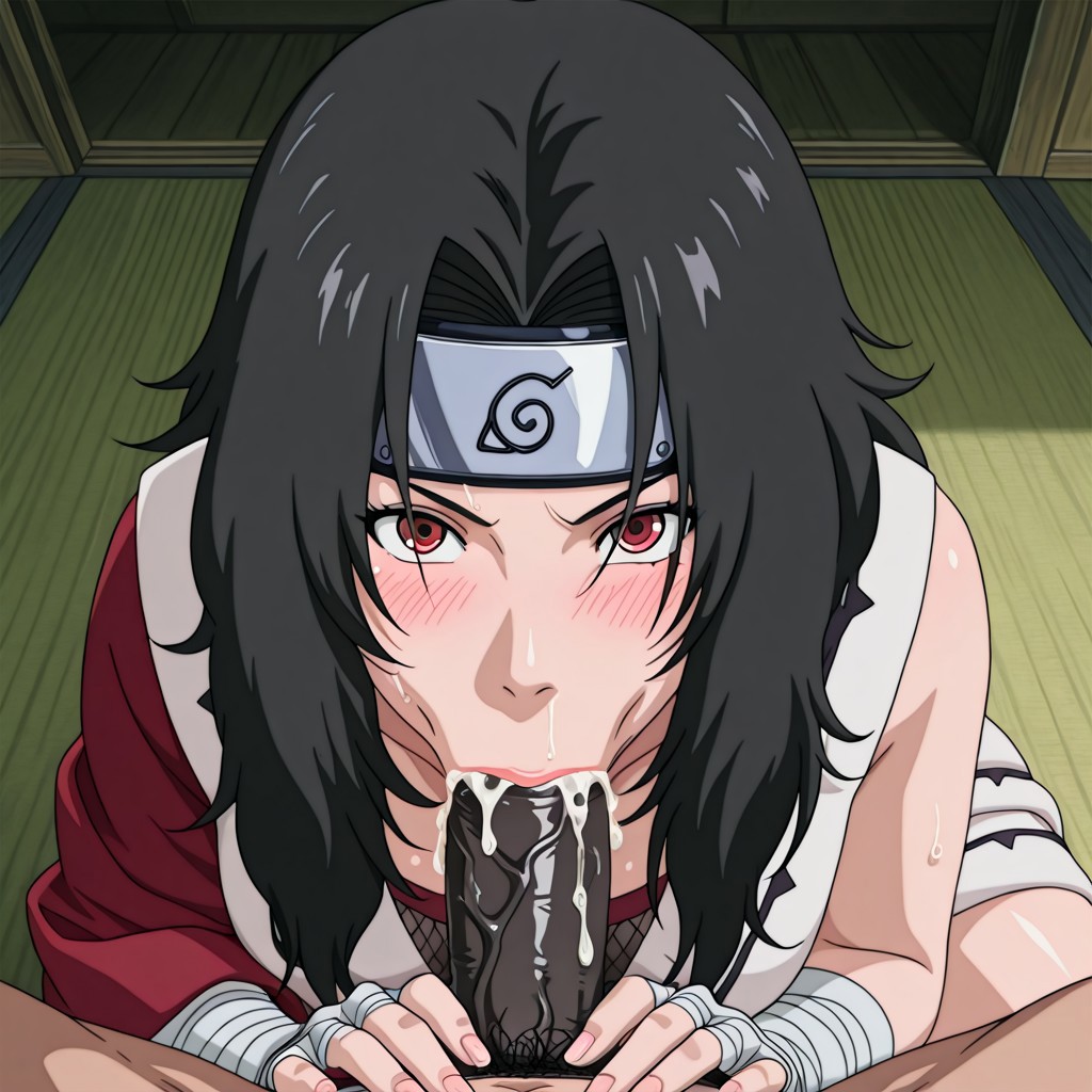 ai generated, akaz123, blowjob, blowjob face, breasts, brown penis, cum, cum in mouth, dark-skinned male, drooling, duo, female, horny female, kurenai yuhi, looking at viewer, male, naruto, naruto (classic), naruto (series), naruto shippuden, oral, penis, pov, vacuum blowjob, vacuum fellatio