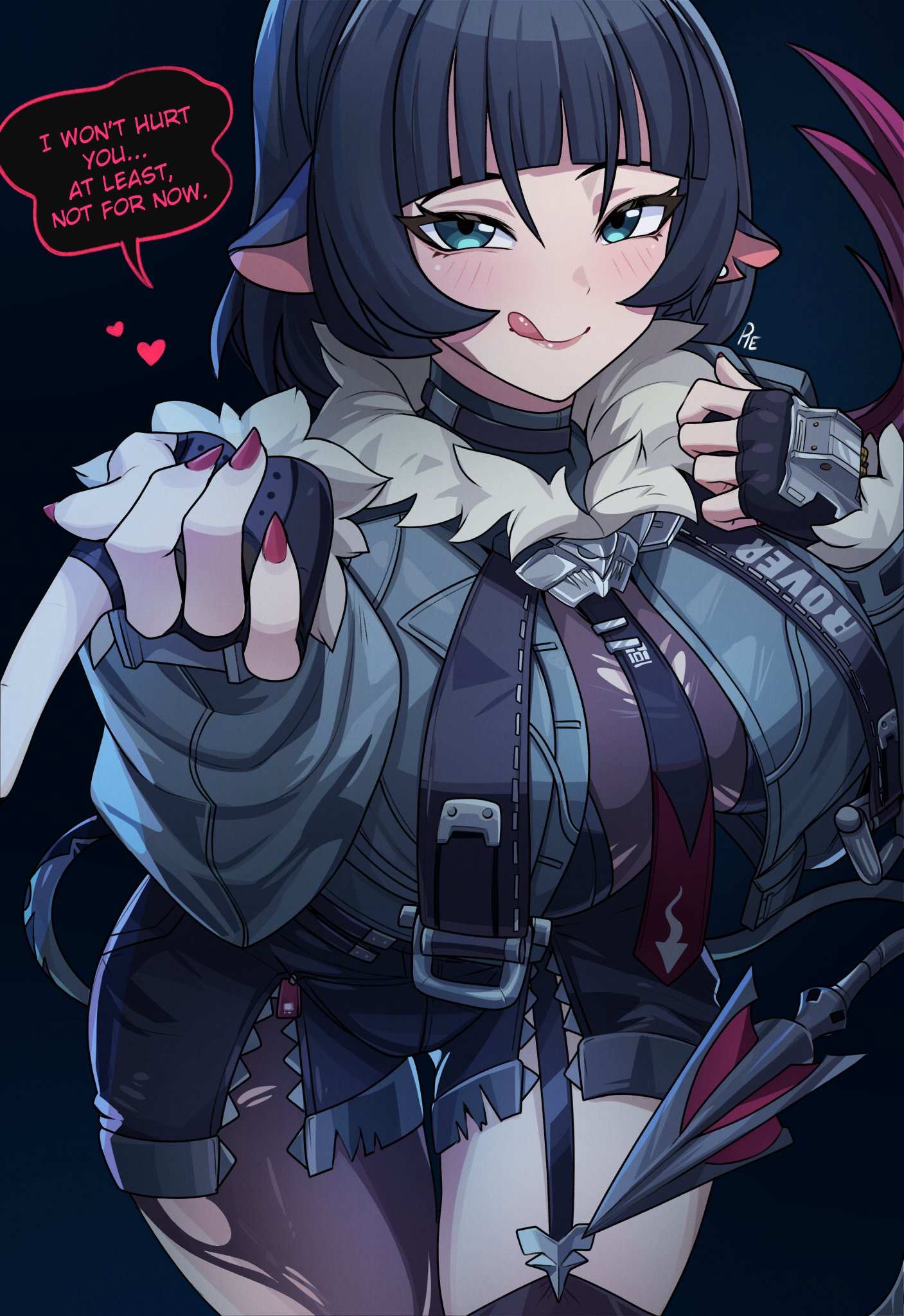 animal ears, black hair, black shorts, breasts, female, female only, fingerless gloves, gloves, green eyes, green jacket, highres, jacket, jane doe (zenless zone zero), leaning forward, long hair, mouse ears, mouse girl, multicolored hair, pietheunusual, red hair, red nails, shorts, simple background, solo, tail, tongue, tongue out, torn clothes, unusualpie, zenless zone zero