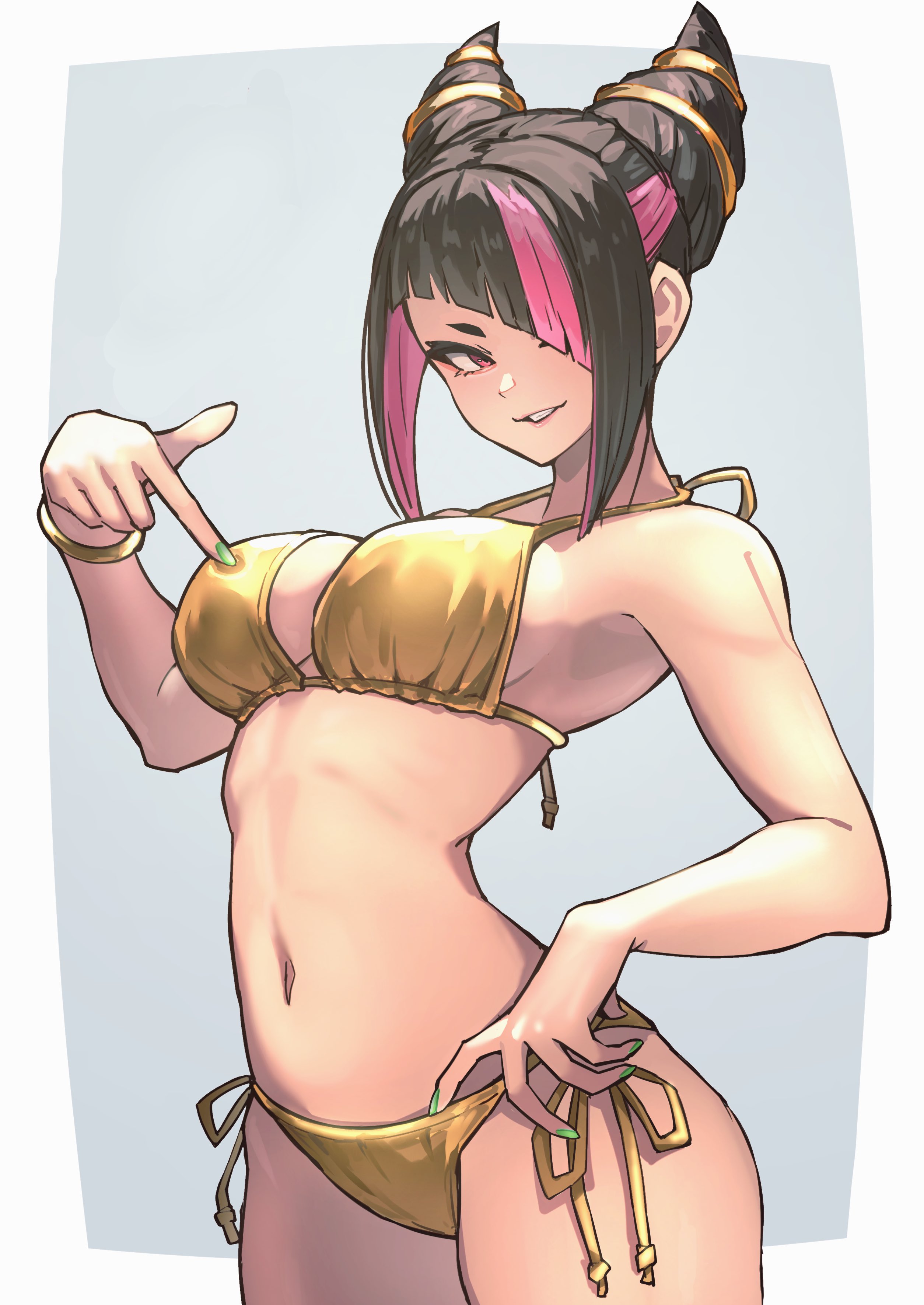 1girls, ap cammy, arched back, asymmetrical bangs, big breasts, bikini, black hair, bracelet, breasts, colored inner hair, cowboy shot, female, gold bikini, golden week, green nails, grin, hair horns, hair over one eye, inner sideboob, juri han, large breasts, navel, painted nails, pointing at self, purple eyes, purple hair, side-tie bikini, solo, standing, street fighter, street fighter 6, swimsuit, two-tone hair