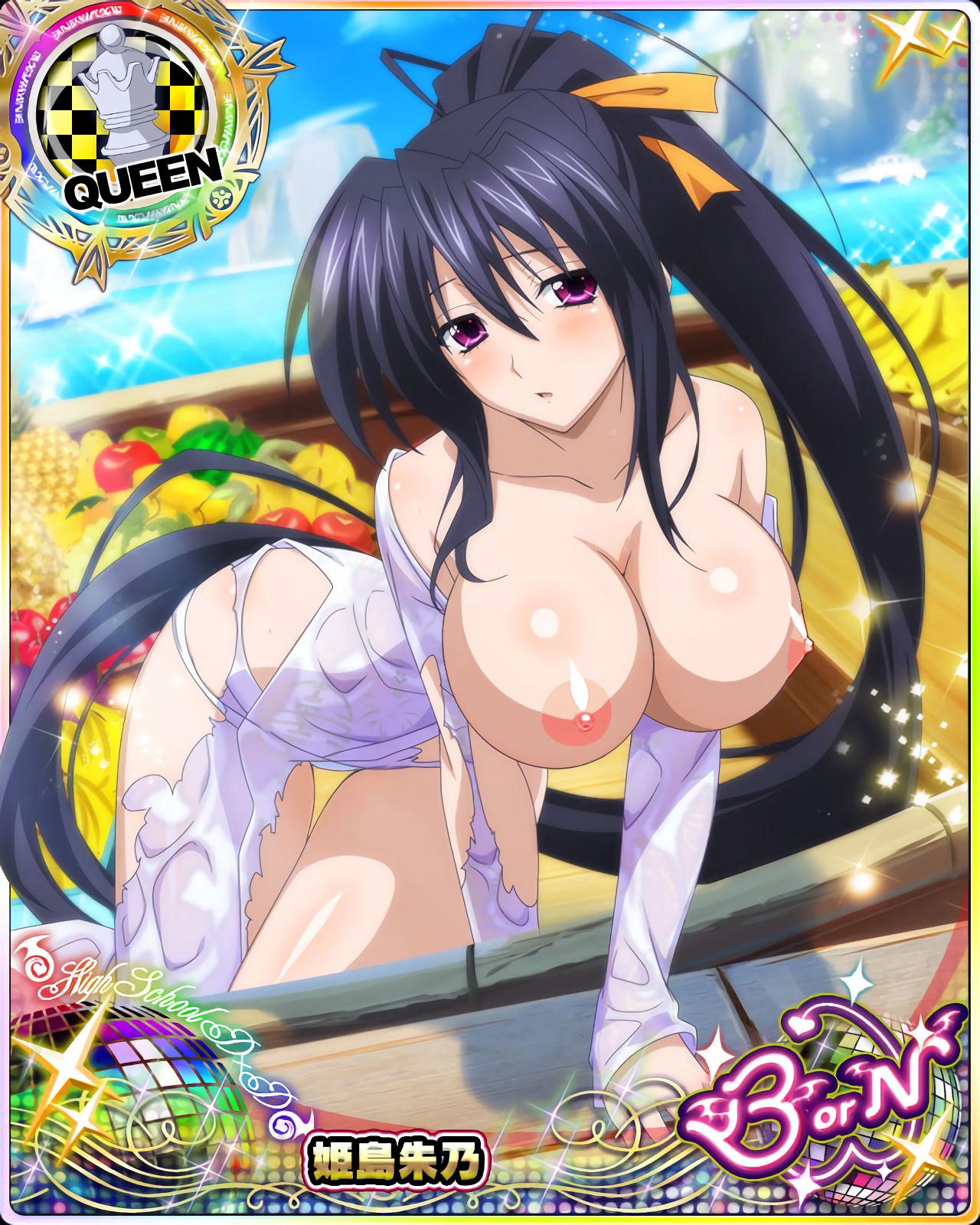 1girls, akeno himejima, black hair, breasts, breasts out, card (medium), cartoony, female, female only, high school dxd, large breasts, magenta eyes, photoshop, solo