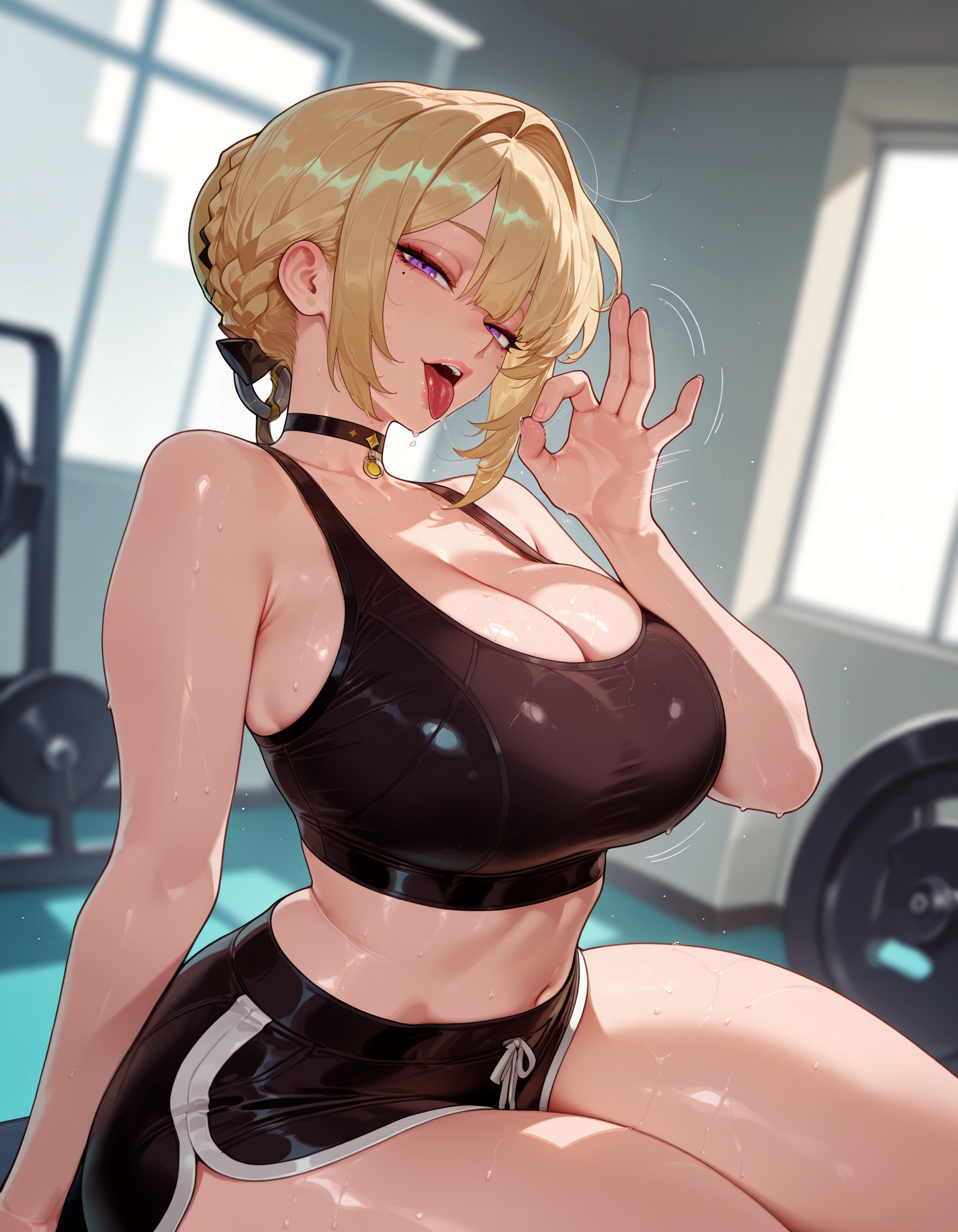 1girls, ai generated, ass, balecxi, bangs, bare arms, bare shoulders, black bra, black choker, black clothes, black shorts, black sports bra, black underwear, blonde hair, blush, bra, braid, braided bun, breasts, choker, clavicle, cleavage, clothing, crop top, curvaceous, curvaceous female, curvaceous figure, curvy, curvy figure, dolphin shorts, dripping, evelyn chevalier, exercise, fellatio gesture, female, female focus, female only, french braid, gym, gym clothes, gym uniform, hair bun, hair intakes, hair ornament, hoyoverse, huge breasts, indoors, inviting, inviting to sex, jewelry, large breasts, looking at viewer, midriff, mole, mole under eye, navel, open mouth, presenting, presenting ass, presenting breasts, presenting hindquarters, presenting self, purple eyes, saliva, seductive, seductive look, seductive smile, shirt, short hair, short shorts, shorts, sidelocks, sitting, skirt, sleeveless, smile, solo, sports bra, stomach, sweat, tank top, teeth, thick thighs, thighs, tongue, tongue out, underwear, voluptuous, voluptuous female, window, zenless zone zero