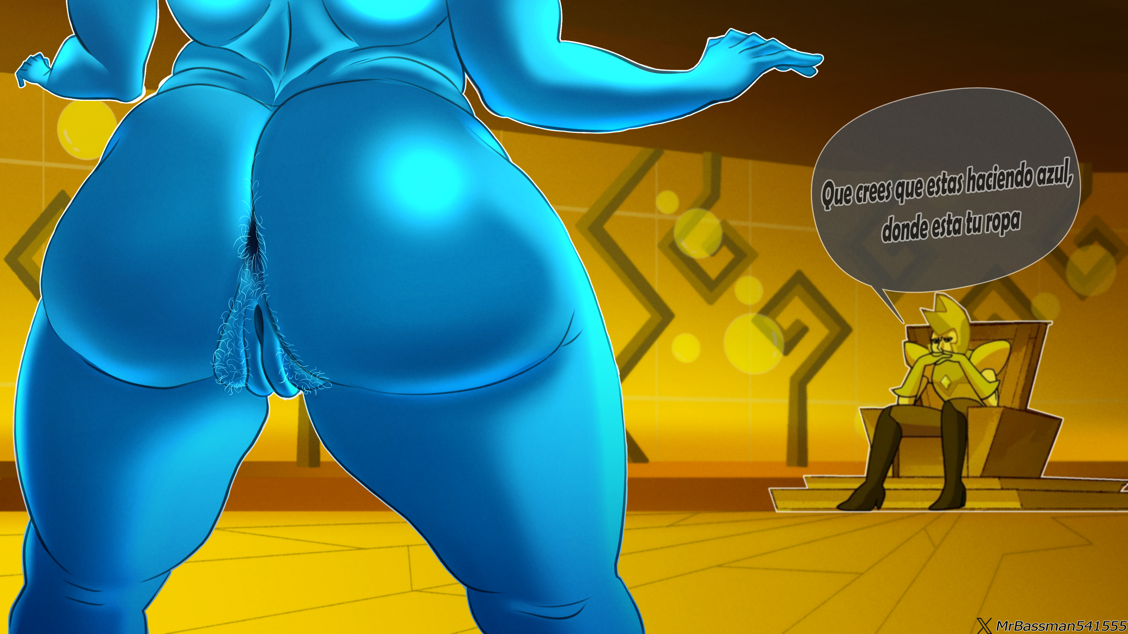 2d, 2d (artwork), 2girls, ass, big ass, blue body, blue diamond (steven universe), bubble ass, bubble butt, clothed female nude female, completely nude, female, female focus, female only, hairy pussy, mrbassman, naked, naked female, nude, nude female, pubic hair, pussy, spanish text, steven universe, translation request, yellow diamond (steven universe)