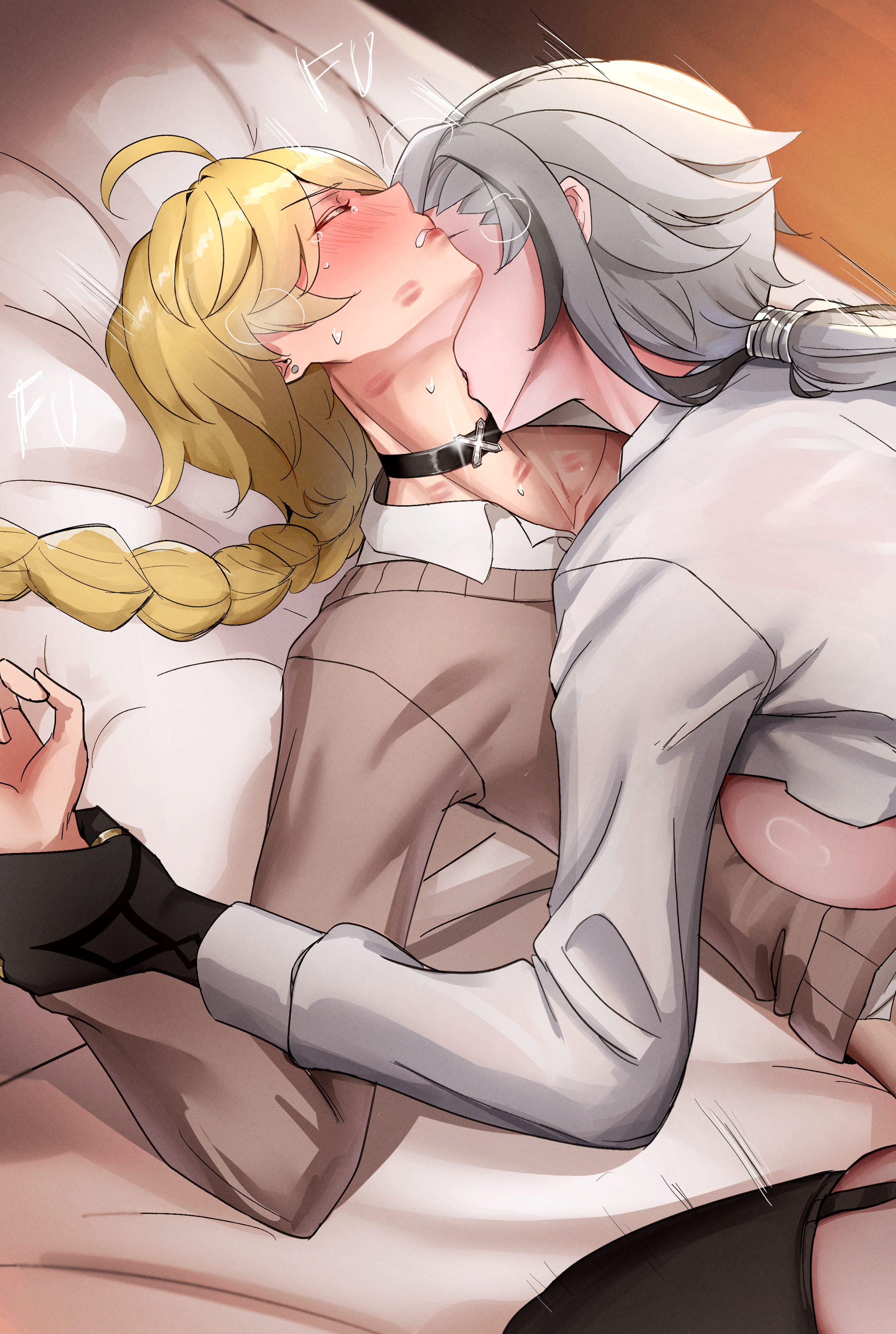1boy, 1girls, aether (genshin impact), arlecchino (genshin impact), blonde hair, blonde male, female, female domination, female on top, female/male, femdom, genshin impact, gentle femdom, hans-kun, kissing, kissing neck, light skin, light-skinned female, light-skinned male, lipstick, lipstick mark, lipstick marks, love making, male, white hair