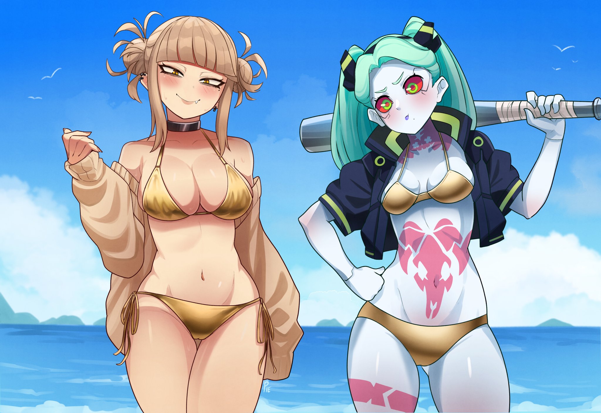 2girls, artificial eye, ass visible through thighs, bikini, black choker, black jacket, blonde hair, blonde-haired female, blue sky, blush, boku no hero academia, breasts, choker, clothing, cloud, colored sclera, colored skin, commentary, cropped jacket, crossover, cyberpunk: edgerunners, cyborg, double bun, english commentary, female, female only, gold bikini, golden week bikini, green hair, hair bun, hand on own hip, highres, himiko toga, holding, holding weapon, horizon, human, jacket, large breasts, leg tattoo, long hair, looking at viewer, mechanical eye, medium breasts, mole, mole under mouth, multiple females, multiple girls, my hero academia, navel, neck tattoo, ocean, oerba yun fang, outdoors, outerwear, over shoulder, pale skin, pietheunusual, pout, rebecca (edgerunners), red sclera, side-tie bikini bottom, sky, smile, stomach tattoo, swimsuit, swimwear, tattoo, thighs, twintails, water, weapon, weapon over shoulder