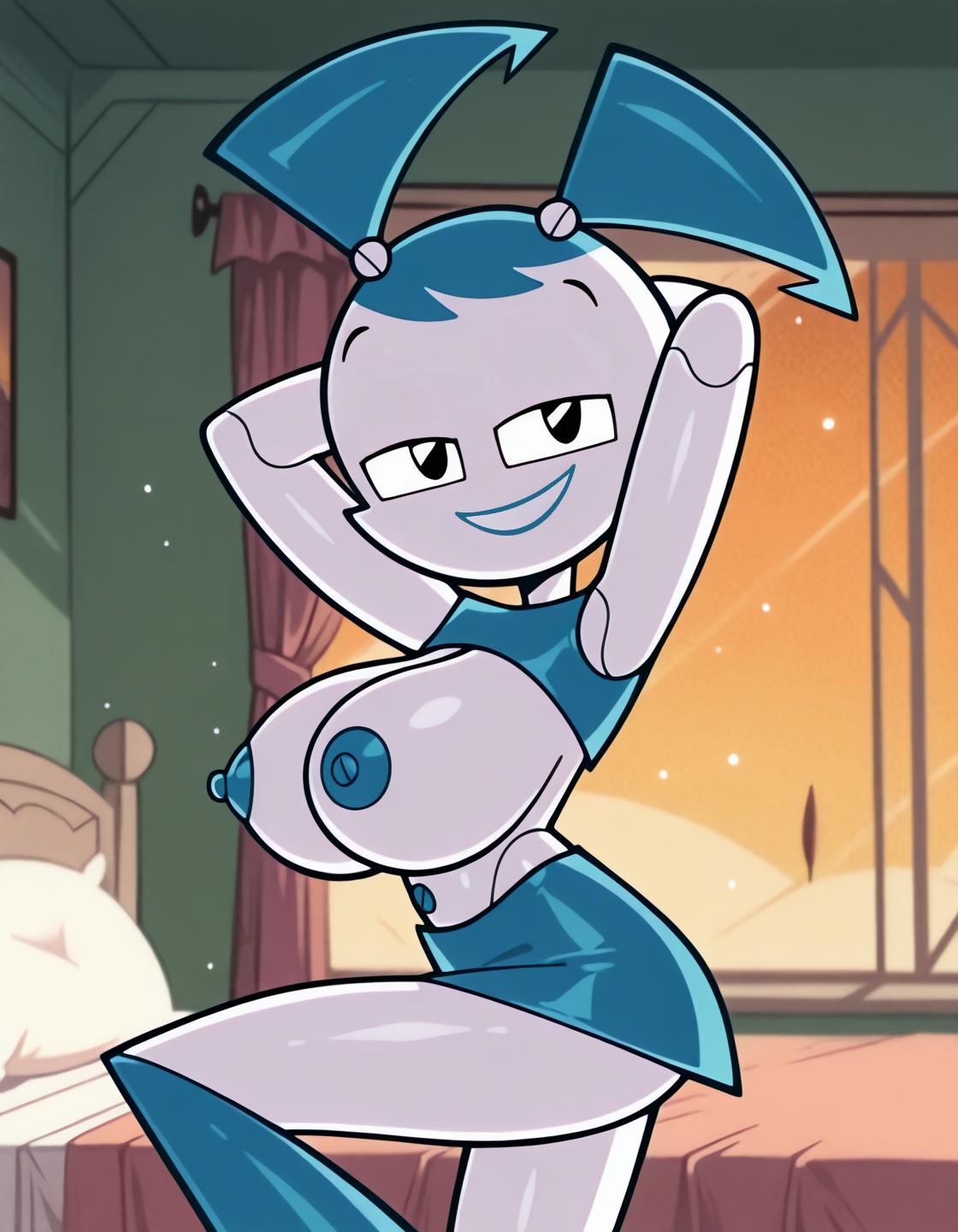1girls, accurate art style, ai generated, arms behind head, bedroom background, big breasts, blue lipstick, blue nipples, breasts, exposed breasts, female, half-closed eyes, jenny wakeman, miniskirt, my life as a teenage robot, robot girl, shamesquid (artist), shiny, smile, suggestive look, suggestive pose