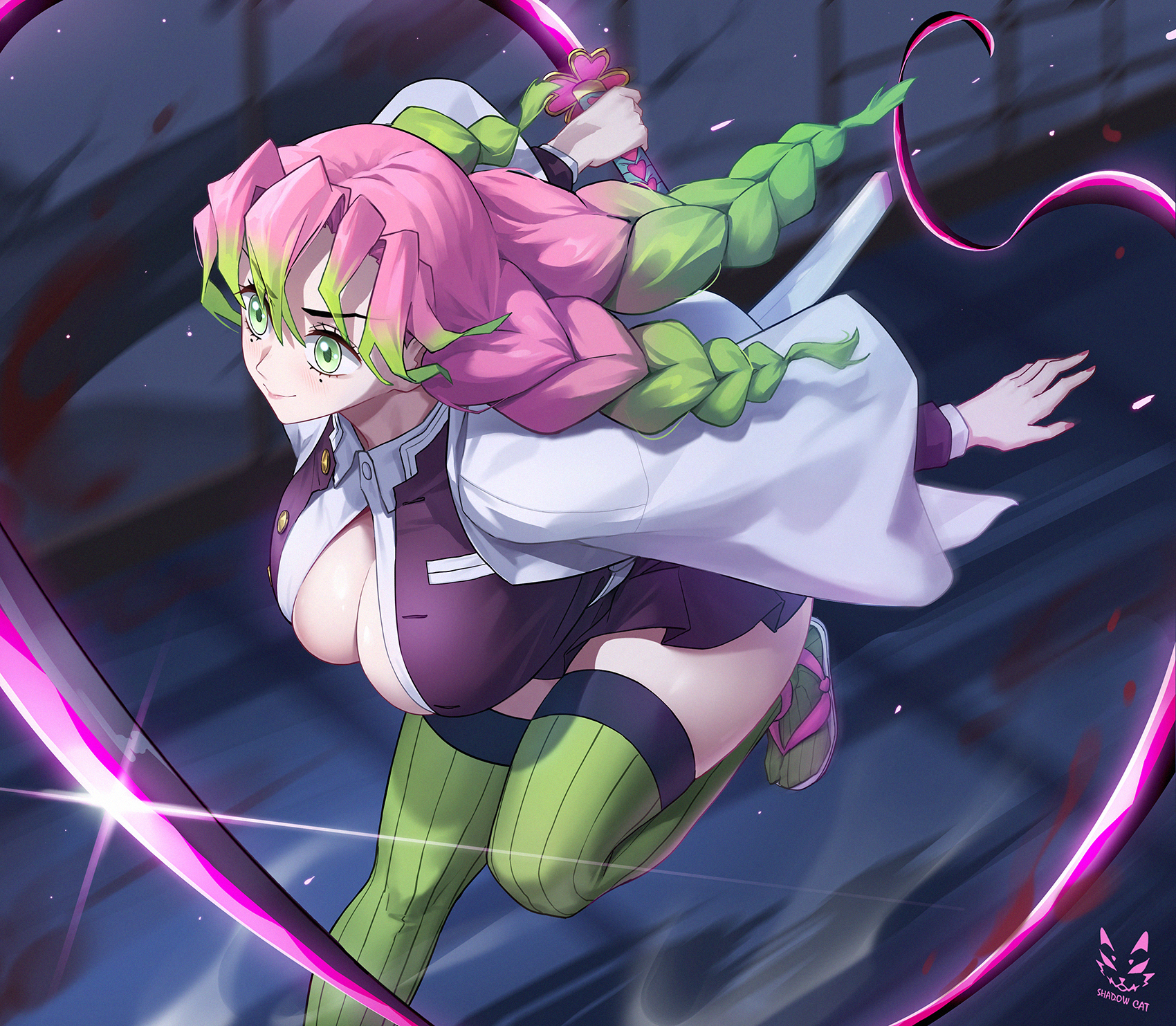 1girls, braid, breasts, cleavage, closed mouth, demon slayer, demon slayer uniform, female, female only, gradient hair, green eyes, green hair, green thighhighs, highres, holding, holding sword, holding weapon, kanroji mitsuri, kimetsu no yaiba, large breasts, mole, mole under each eye, mole under eye, motion blur, multi eye, multicolored hair, multiple braids, multiple moles, pink hair, pink-haired female, running, sandals, shadow cat, shadow cat (yingmiao), smile, solo, sword, thighhighs, thighs, weapon, whip sword, zouri