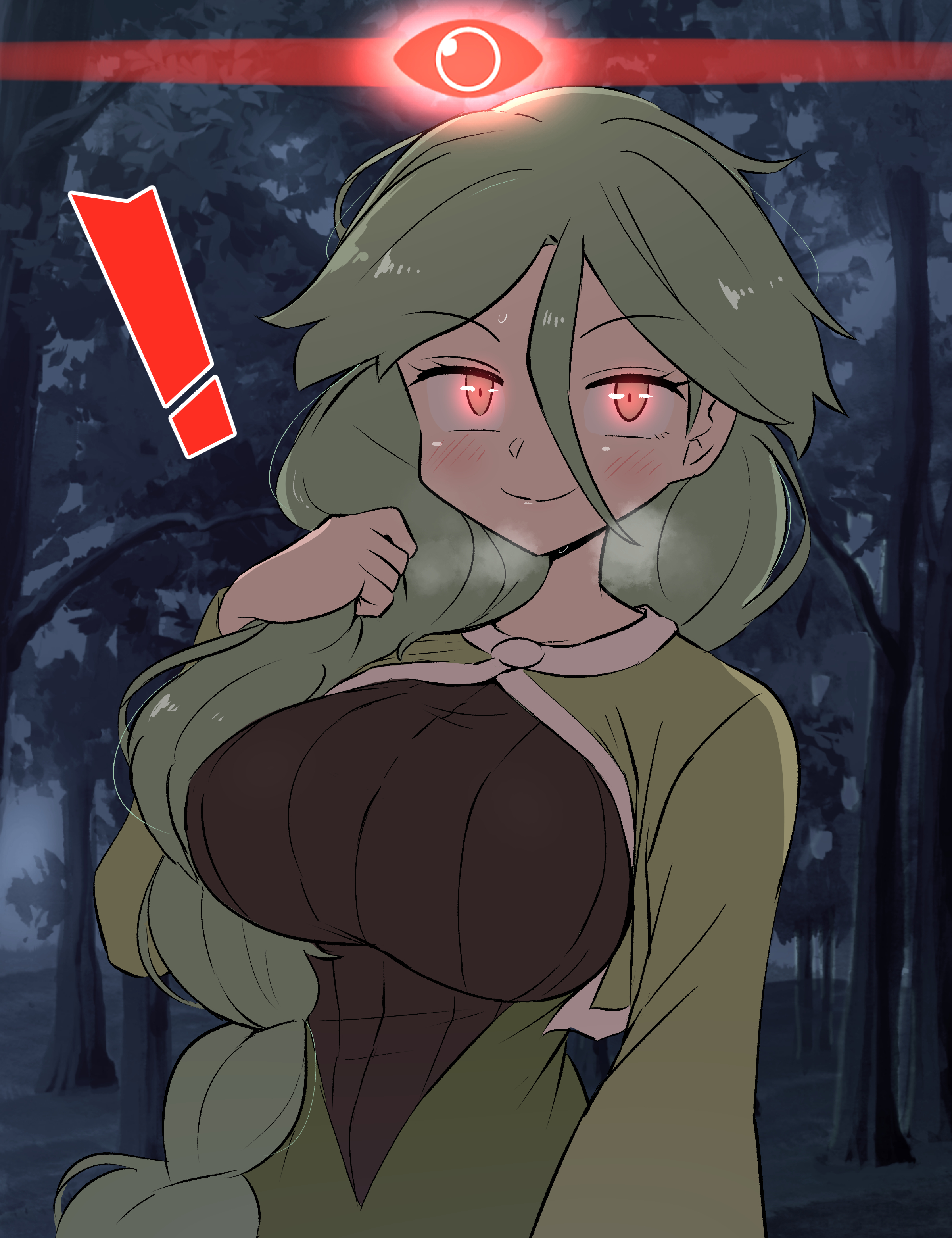 !, 1girls, absurdres, alpha pokegirl, alpha pokemon, braid, braided ponytail, breasts, cheryl (pokemon), female, female focus, glowing, glowing eyes, green hair, highres, kurachi mizuki, large breasts, long hair, looking at viewer, nintendo, pokemon, pokemon dppt, red eyes, solo, solo female, solo focus, sweat, very long hair