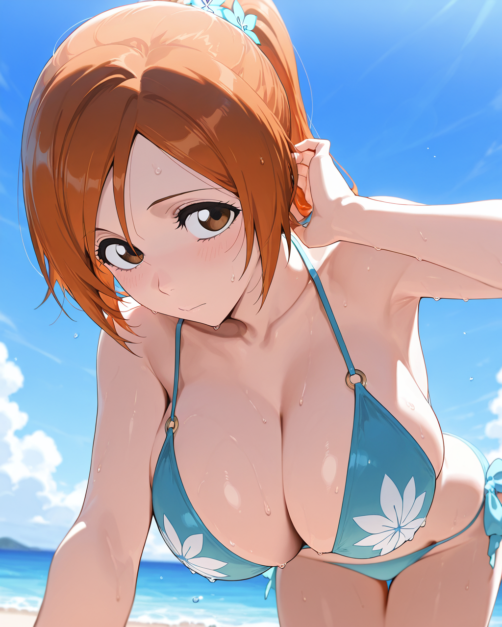 2025 ai_assisted ai_generated artist_name beach bikini bleach bleach:_the_thousand-year_blood_war blue_bikini blue_sky blush breasts brown_eyes brown_hair cleavage cloud cloudy_sky day female foreshortening front-tie_bikini front-tie_top hair_ornament high_quality high_res high_resolution highres horizon inoue_orihime inoue_orihime looking_at_viewer lumis_art o-ring o-ring_bikini o-ring_top ocean outdoors patreon ponytail sand shore short_hair sky solo stable_diffusion sweat swimsuit water watermark wet