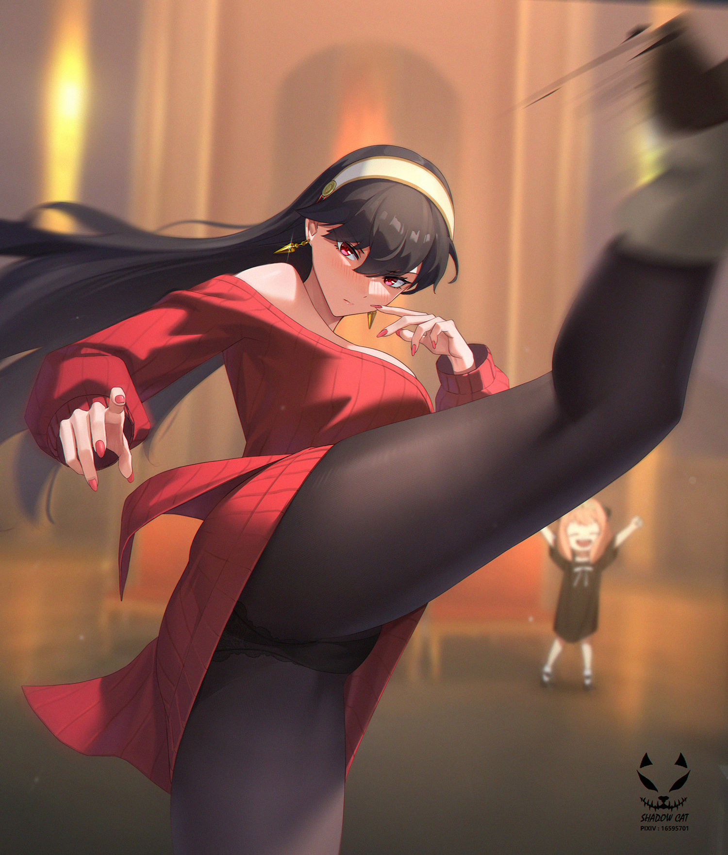 2girls, anya forger, artist name, bare shoulders, black hair, black panties, black pantyhose, blush, commentary request, dress, earrings, female, female only, fighting stance, gold earrings, hair between eyes, hairband, highres, incoming kick, jewelry, lips, long hair, looking at viewer, motion blur, motion lines, multiple females, multiple girls, nail polish, off shoulder, off-shoulder dress, panties, panties under pantyhose, pantyhose, red dress, red eyes, red nails, scene interpretation, shadow cat, shadow cat (yingmiao), short dress, signature, solo focus, spy x family, sweater, sweater dress, thighs, underwear, upskirt, white hairband, yor briar, yor forger