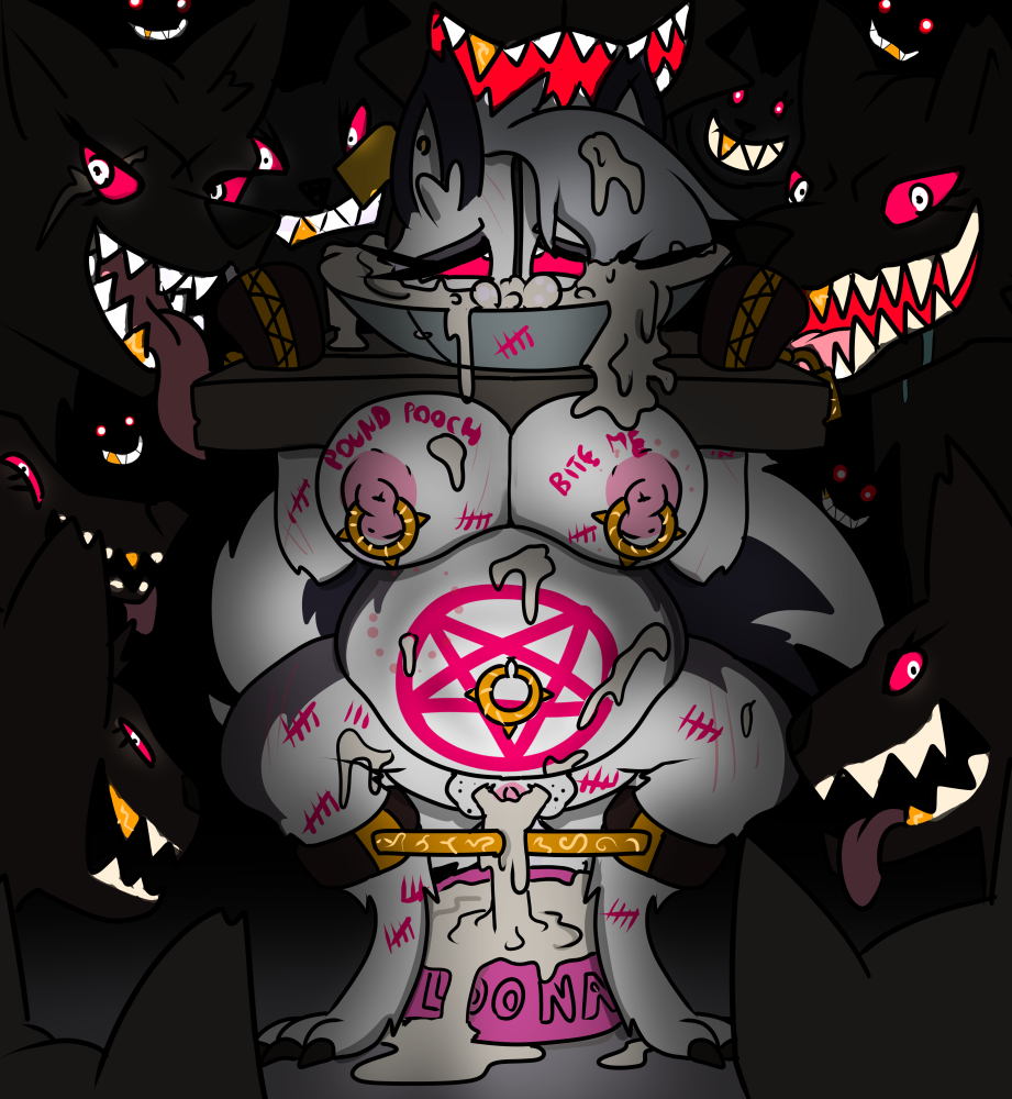 1girls after_sex bad_end bondage broken_rape_victim bukkake cone_of_shame container cum_in_ass cum_in_mouth cum_in_pussy cumflation dog_bowl drowning_in_cum female helluva_boss inflation kritterkabal loona_(helluva_boss) nipple_piercing pregnant