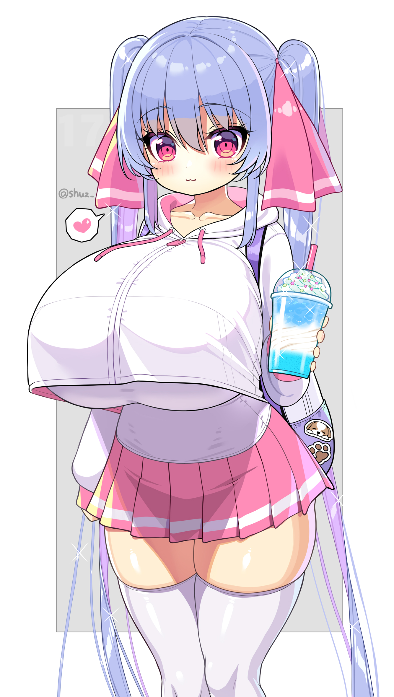 :3, bangs, bangs over eyes, big breasts, blue hair, blush, breasts, collarbone, cute, female, hair ribbon, heart, huge breasts, jacket, looking at viewer, pink eyes, pleated skirt, riko (shuz), shiny clothes, shiny hair, shiny skin, shortstack, shuz (dodidu), skindentation, skirt, solo, sparkles, stretched clothing, thick thighs, thighhighs, tight clothing, twintails