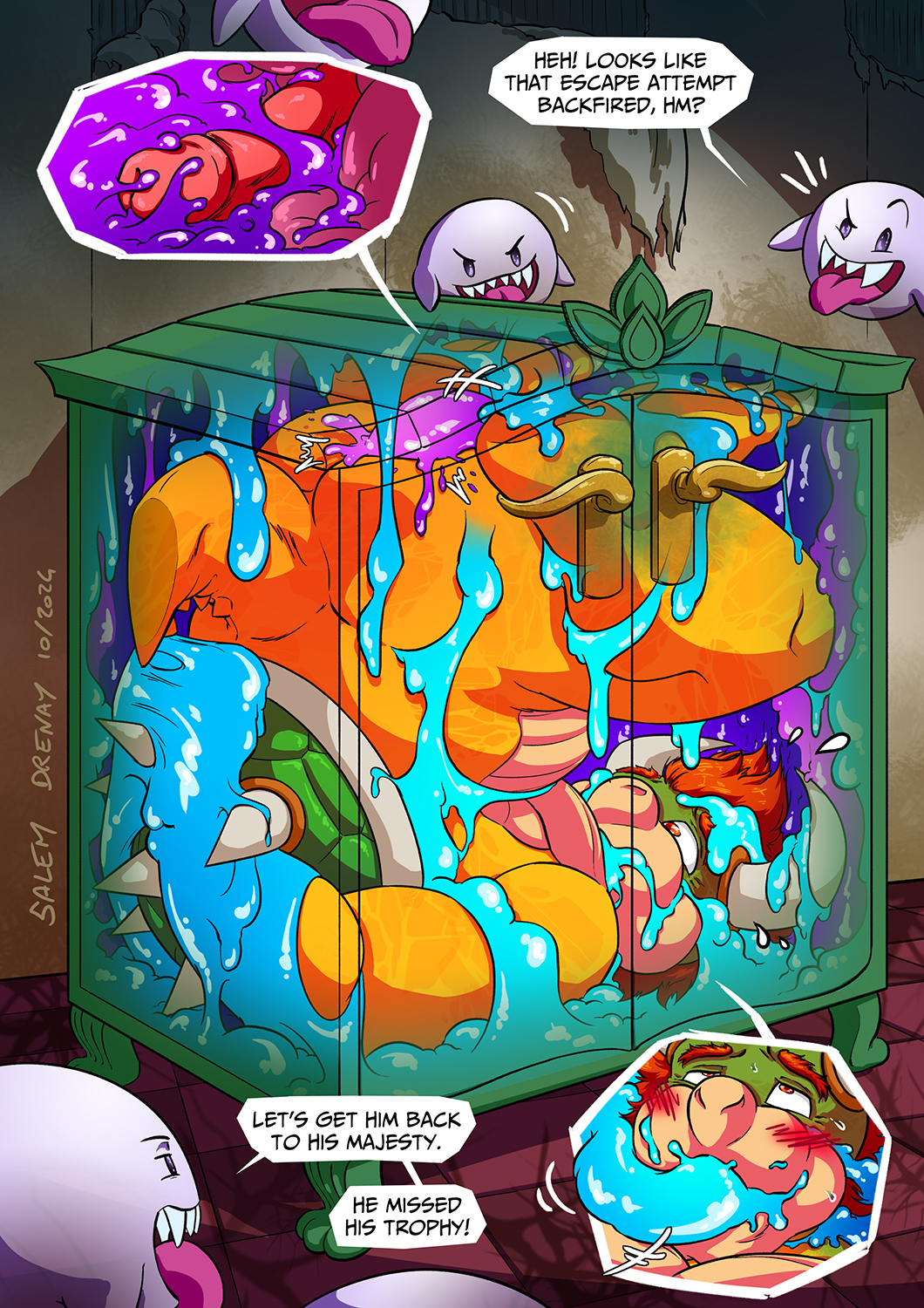 anthro blush boo_(mario) bound bowser dialogue english_text genitals group hi_res koopa male male/male mario_bros nintendo penis scalie sex slime speech_bubble tentacle tentacle_sex text thevoidwalker