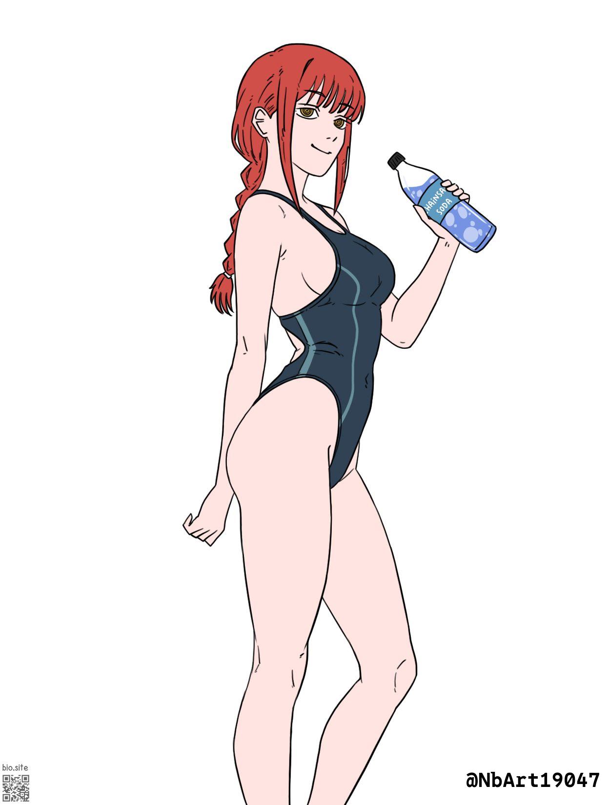 1girls, 2d, 2d (artwork), 2d artwork, adult, adult female, belly button, big boobs, big breasts, bikini, black bikini, black one-piece swimsuit, black swimsuit, black swimwear, braid, braided hair, braided ponytail, breasts, busty, busty female, busty girl, chainsaw man, closed mouth smile, digital, digital art, digital drawing, digital drawing (artwork), digital media, digital media (artwork), drawing, eyebrows visible through hair, female, female focus, female only, fingers, from side, groin, head tilt, high resolution, highres, inframammary fold, inguinal crease, inguinal ligament, knees, large boobs, large breasts, lean figure, long hair, looking at viewer, looking sideways, looking to the side, makima (chainsaw man), mature, mature female, narrow waist, navel, nbart19047, one-piece swimsuit, ponytail, red hair, red-haired female, ring eyes, ringed eyes, shoulders, side view, sideboob, simple background, slender body, slender waist, slim female, slim waist, smile, smiley face, smiling, smiling at viewer, solo, standing, swimsuit, swimwear, thighs, three-quarter view, tilted head, top view, water bottle, white background, wide hips, yellow eyes, yellow-eyed female