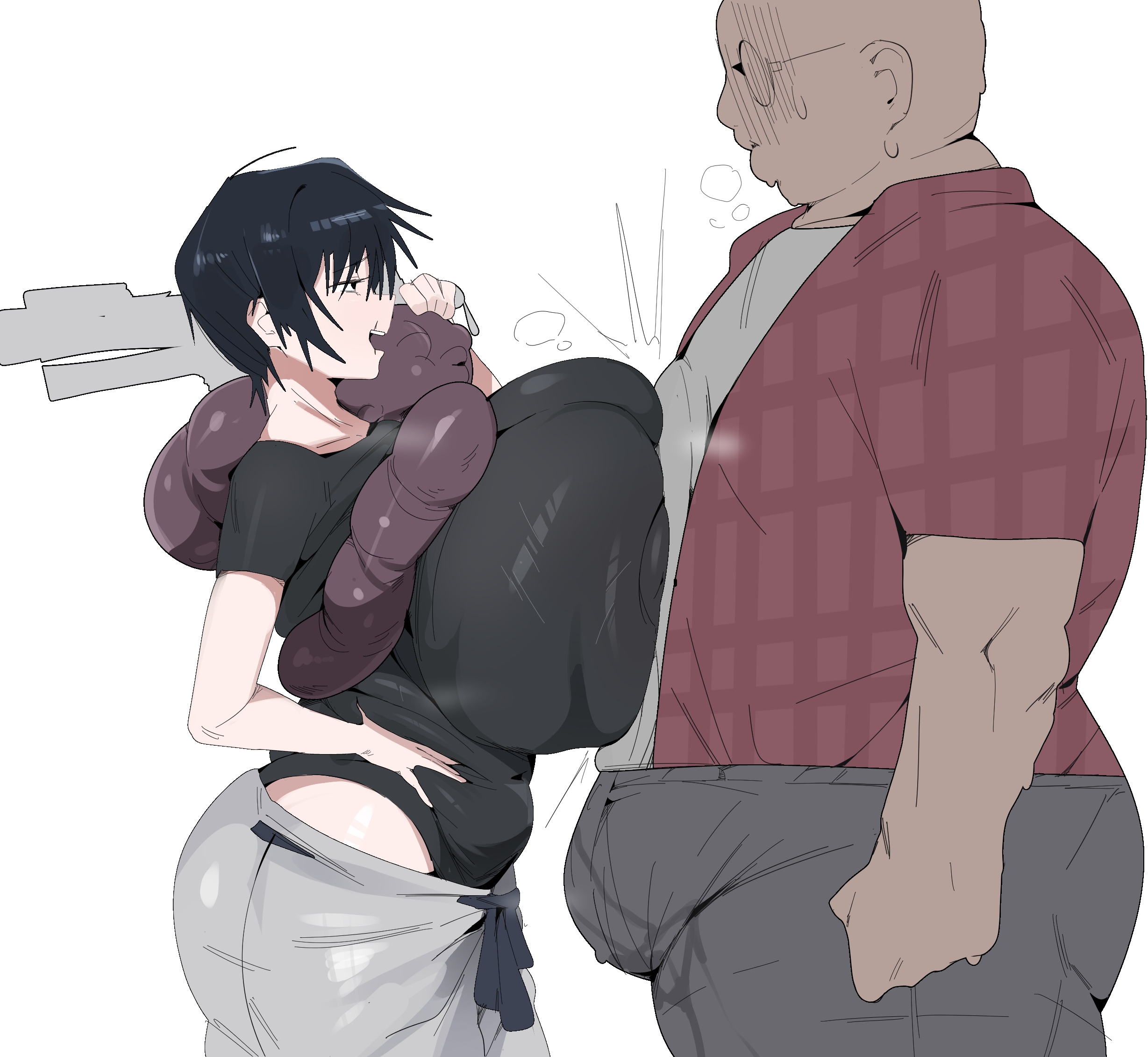 1boy, artist request, black hair, black shirt, breast press, breasts, bulge, citizen k, duplicate, female, fushiguro touji, genderswap, genderswap (mtf), gigantic breasts, grey pants, height difference, holding, holding sword, holding weapon, inventory curse (jujutsu kaisen), jujutsu kaisen, looking at another, male, pants, precum stain, rule 63, scar, scar on face, scar on mouth, shirt, short hair, simple background, sword, thick thighs, thighs, toji fushiguro, weapon, weird proportions