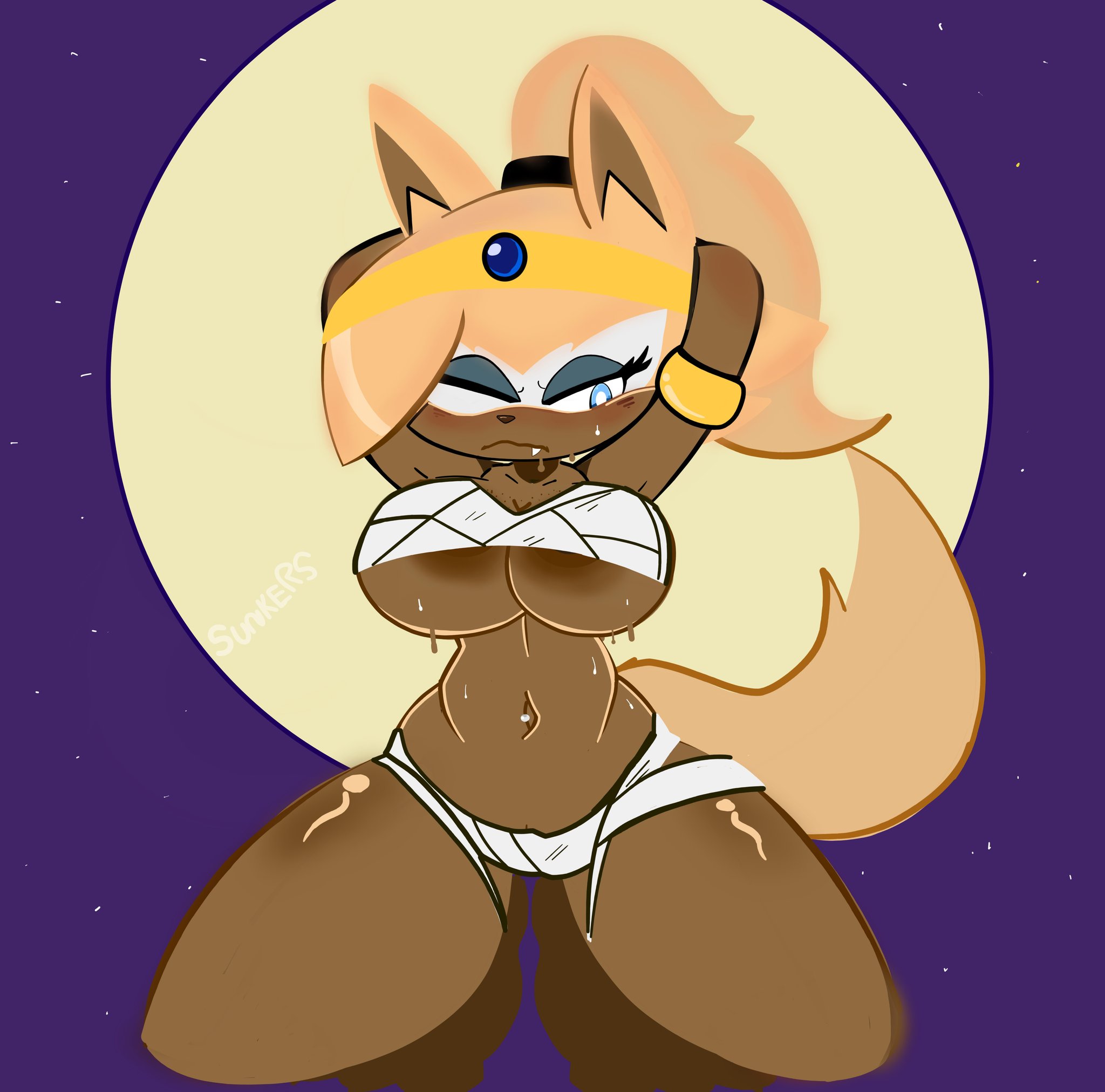 anthro, areola slip, areolae, bandage, big breasts, blue eyes, bodily fluids, breasts, brown areola, brown body, brown fur, canid, canine, canis, crown, eyeshadow, fangs, female, fur, grey eyeshadow, hands behind head, headgear, hi res, idw publishing, kneeling, makeup, mammal, moon, navel, one eye closed, purple background, sega, simple background, solo, sonic (series), sonic the hedgehog (comics), sonic the hedgehog (idw), sonic the hedgehog (series), sunkers, sweat, sweatdrop, tail, tan body, tan fur, teeth, thick thighs, tiara, whisper the wolf, wide hips, wolf