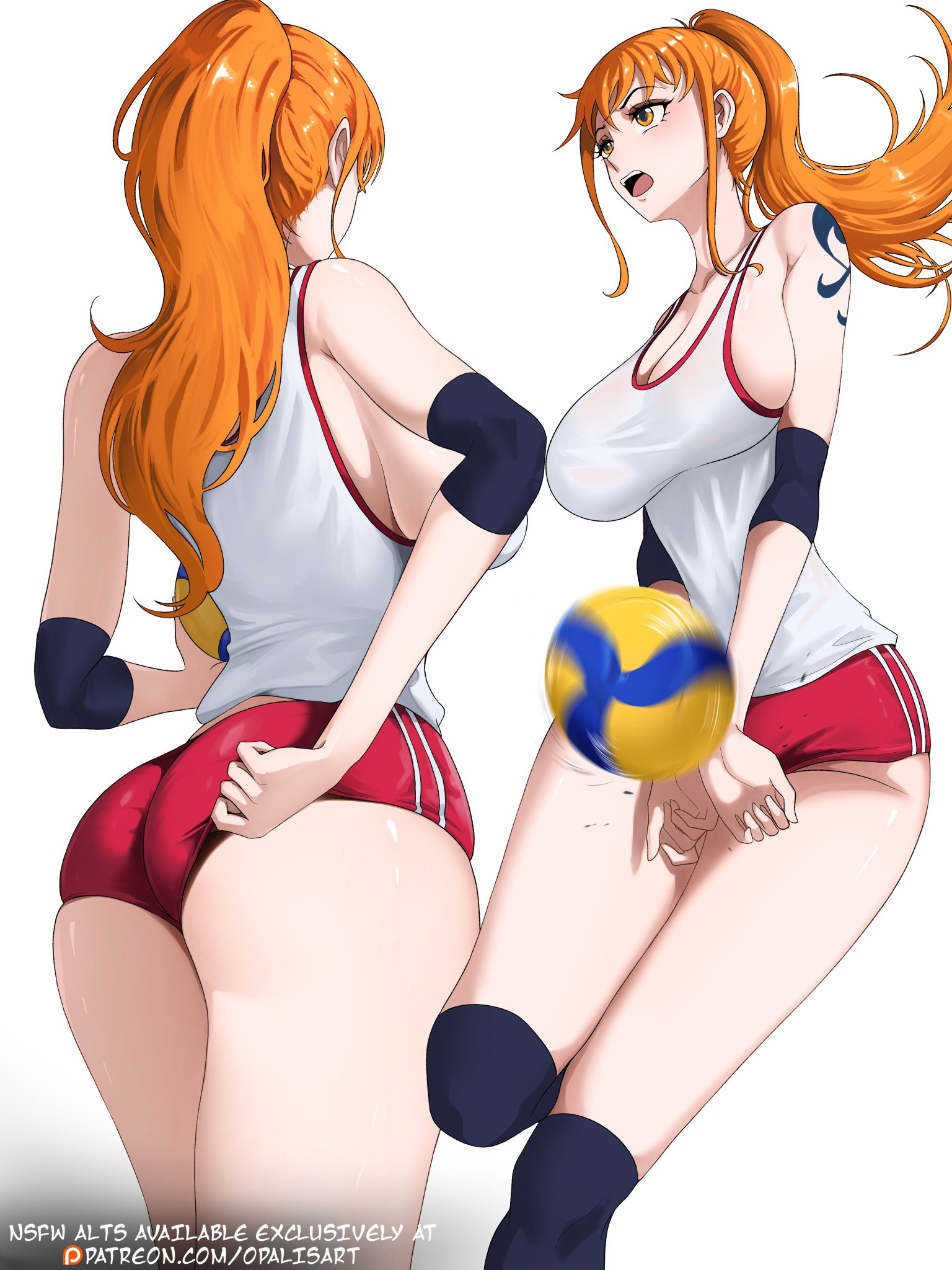 1girls, arm tattoo, bare arms, bare legs, bare shoulders, bare thighs, big breasts, blue tattoo, blush, breasts, clothed, clothing, color, female, female focus, female only, hi res, large breasts, light skin, light-skinned female, long hair, nami, nami (one piece), one piece, opalisart, orange eyes, orange hair, orange-haired female, shounen jump, solo, solo female, tagme, tattoo, thick thighs, volleyball, volleyball uniform