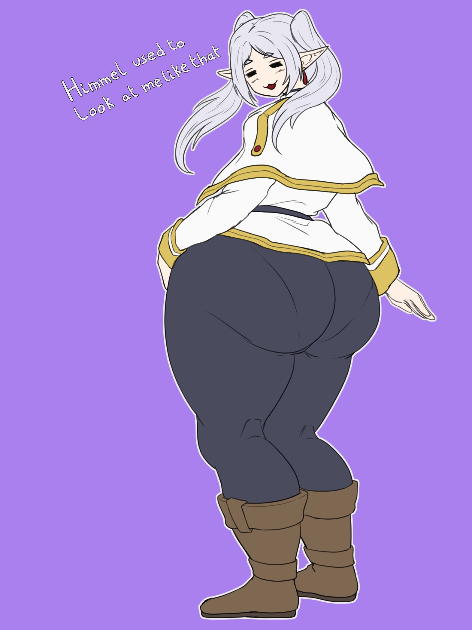 ass, back view, bbw, big ass, clothing, commission, elf, fat, female, frieren, frieren beyond journey's end, happy, jogstash, sousou no frieren, text, thick thighs
