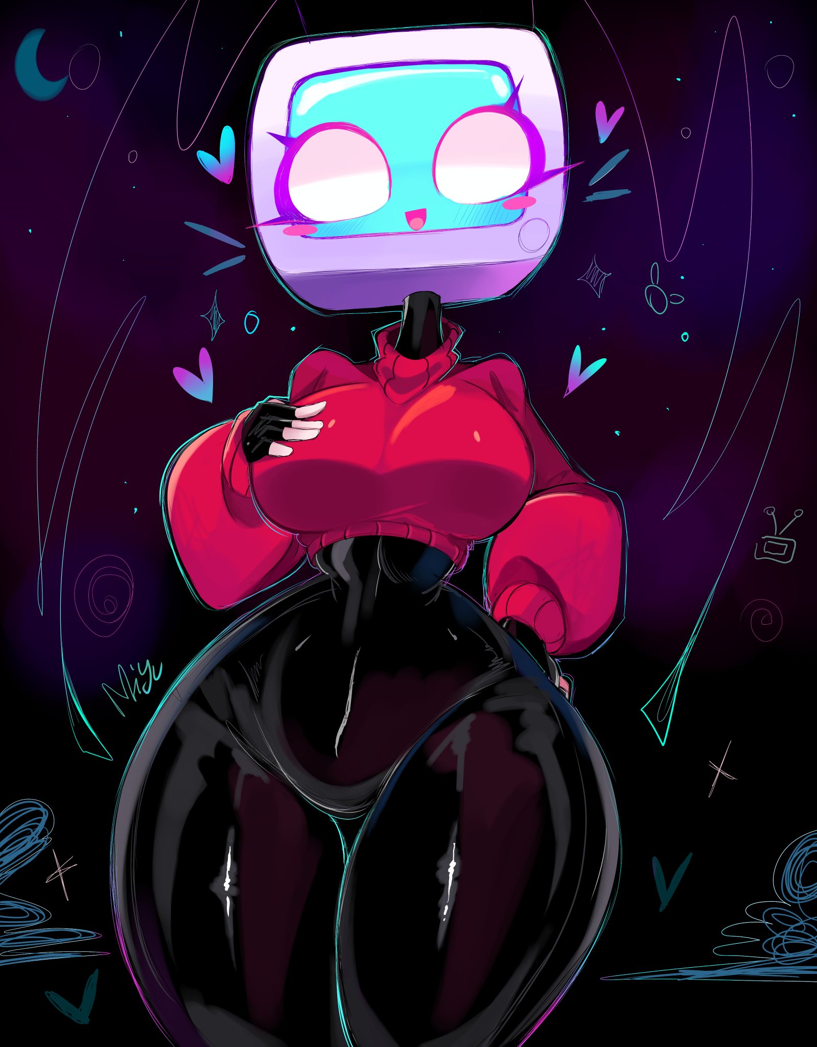1girls, black body, black bodysuit, black latex, blush, bodysuit, bodysuit under clothes, breasts, eyelashes, eyes open, female, female focus, female only, fingerless gloves, gazericc, glistening, hand on breast, heart, heart symbol, humanoid, latex, latex suit, looking at viewer, medium breasts, miyu (rox hoxten), open mouth, red sweater, rox hoxten, screen face, shiny clothes, shiny latex, shiny skin, slim waist, smile, smiling, smiling at viewer, solo, solo female, solo focus, sweater, thick thighs, thighs, tight clothing, tv, tv head, wide hips