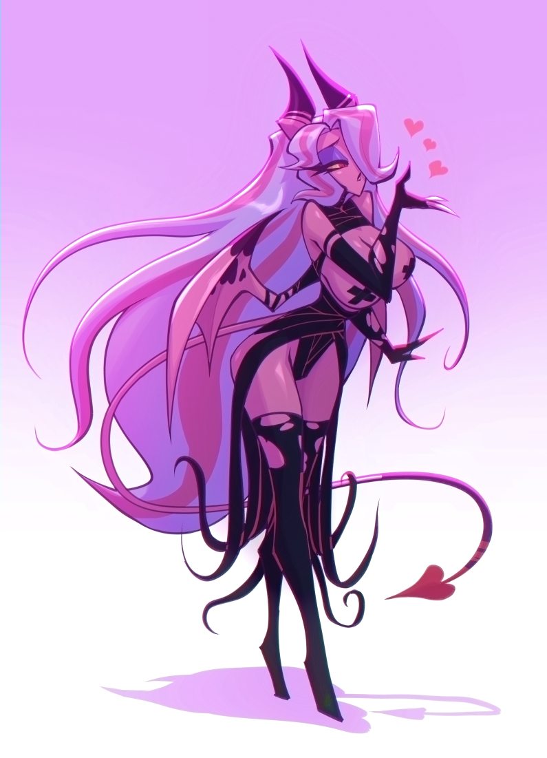 1girls, bare arms, bare legs, bare shoulders, bare thighs, big breasts, bigdad, breasts, clothed, clothing, color, covered nipples, demon, demon girl, ember (bigdad), female, female focus, female only, helluva boss, hi res, large breasts, long hair, looking at viewer, original, original character, pink body, pink hair, pink skin, red eyes, solo, solo female, succubus, succubus horns, succubus tail, succubus wings, tagme, thick thighs